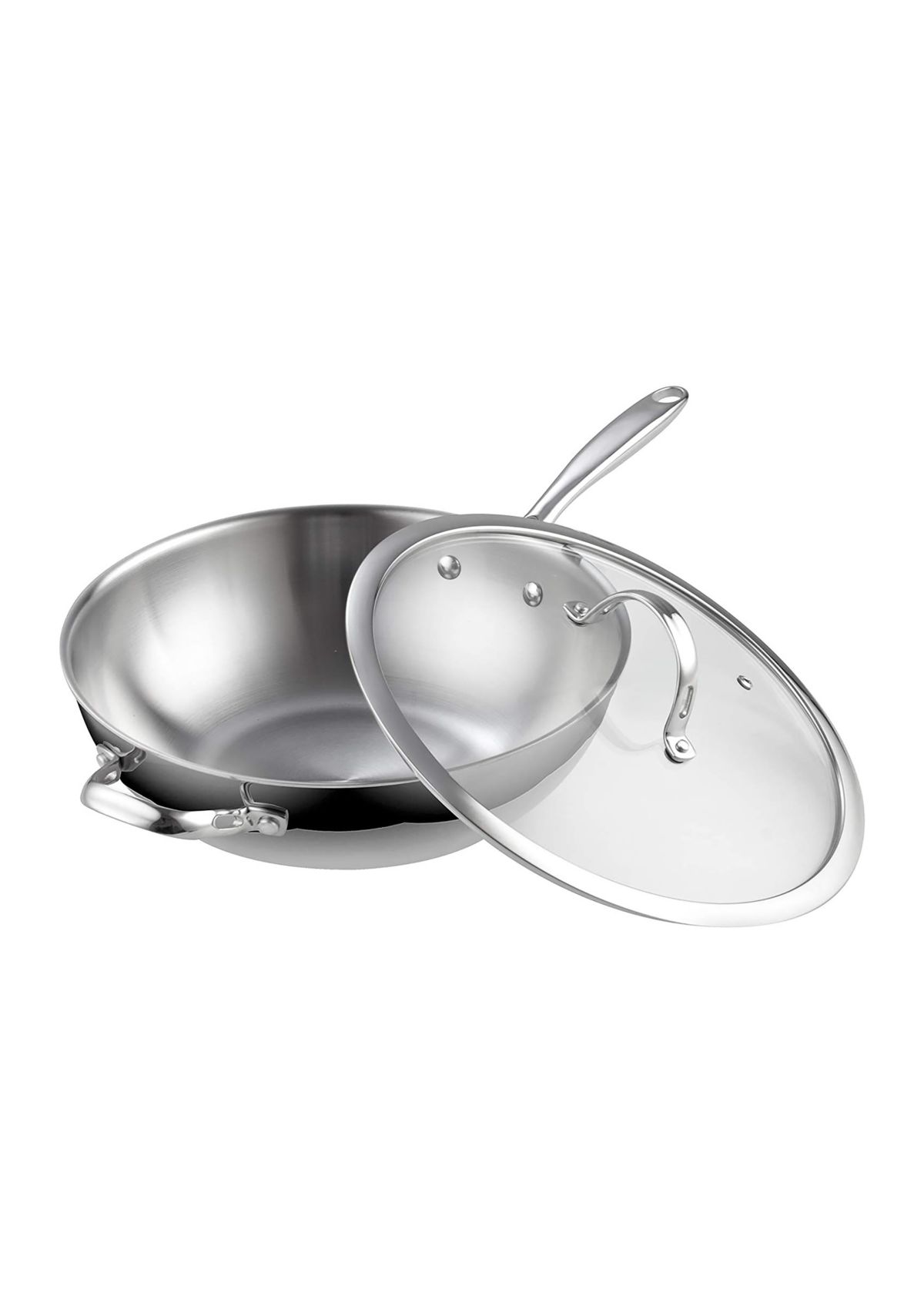 Multi-Ply Clad Stainless Steel Wok Stir Fry Pan with Glass Lid, 12-Inch