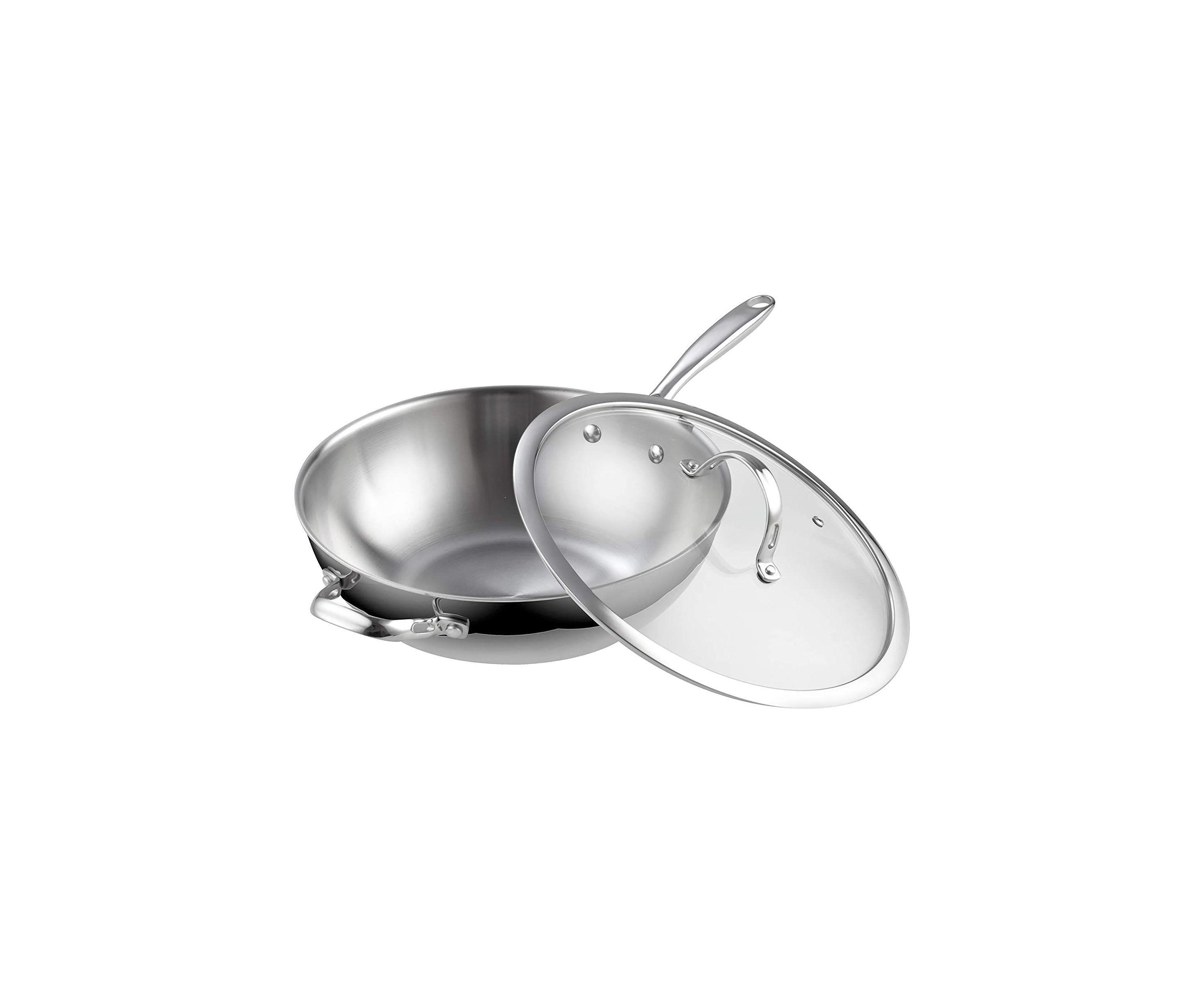 Multi-Ply Clad Stainless Steel Wok Stir Fry Pan with Glass Lid, 12-Inch