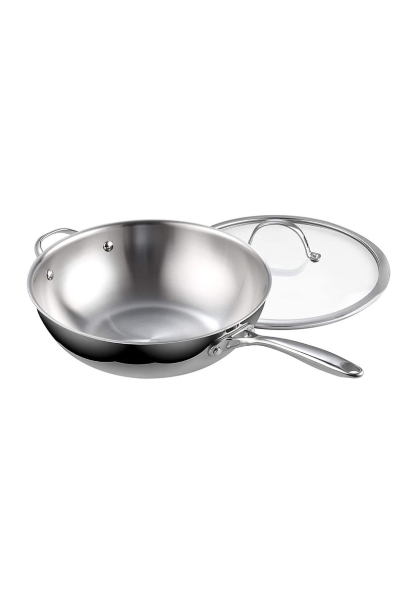 Multi-Ply Clad Stainless Steel Wok Stir Fry Pan with Glass Lid, 12-Inch