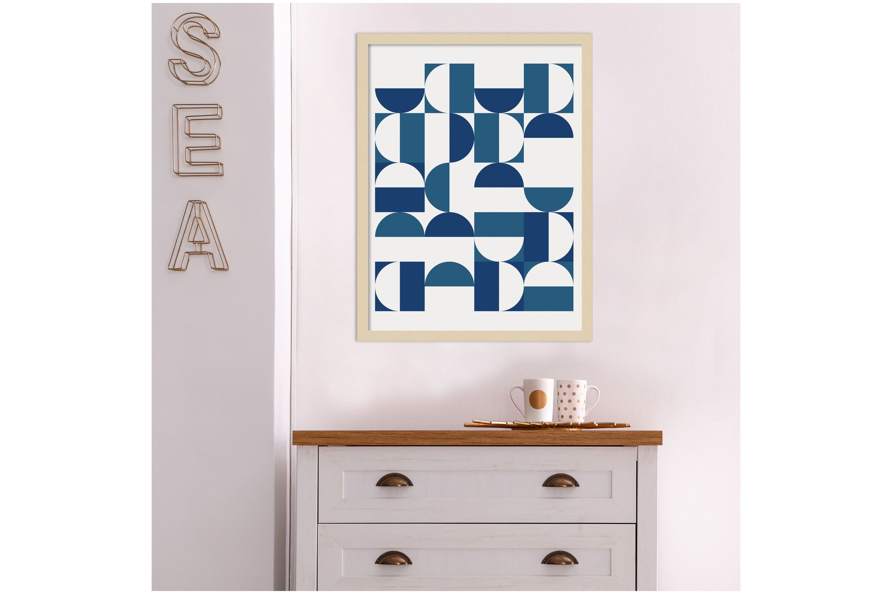 Bauhaus Inspired Geometric Print 1  in Blue and Teal by The Creative Bunch Studio Wood Framed Wall Art Print