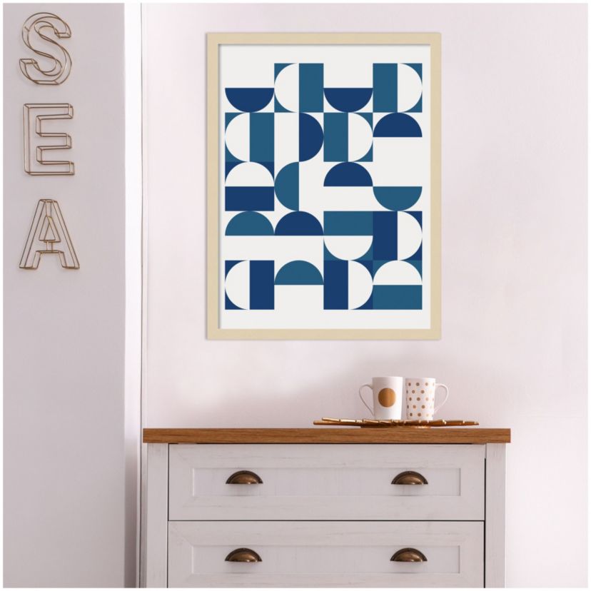 Bauhaus Inspired Geometric Print 1  in Blue and Teal by The Creative Bunch Studio Wood Framed Wall Art Print