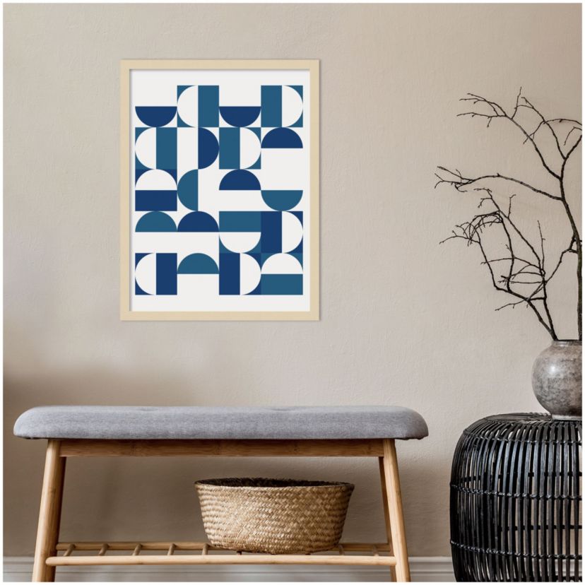 Bauhaus Inspired Geometric Print 1  in Blue and Teal by The Creative Bunch Studio Wood Framed Wall Art Print