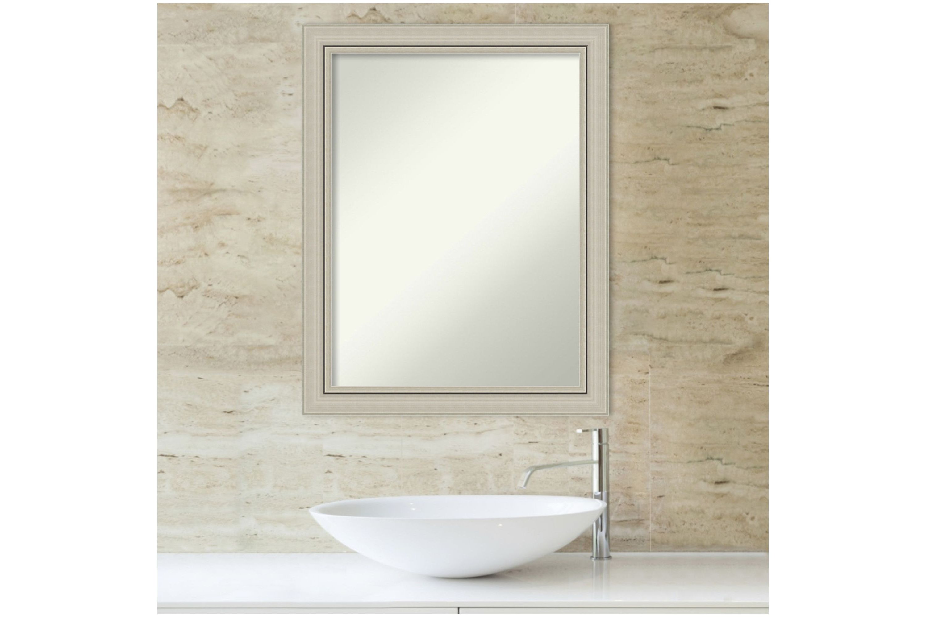Romano Silver Narrow Non-Beveled Wood Framed Bathroom Wall Mirror