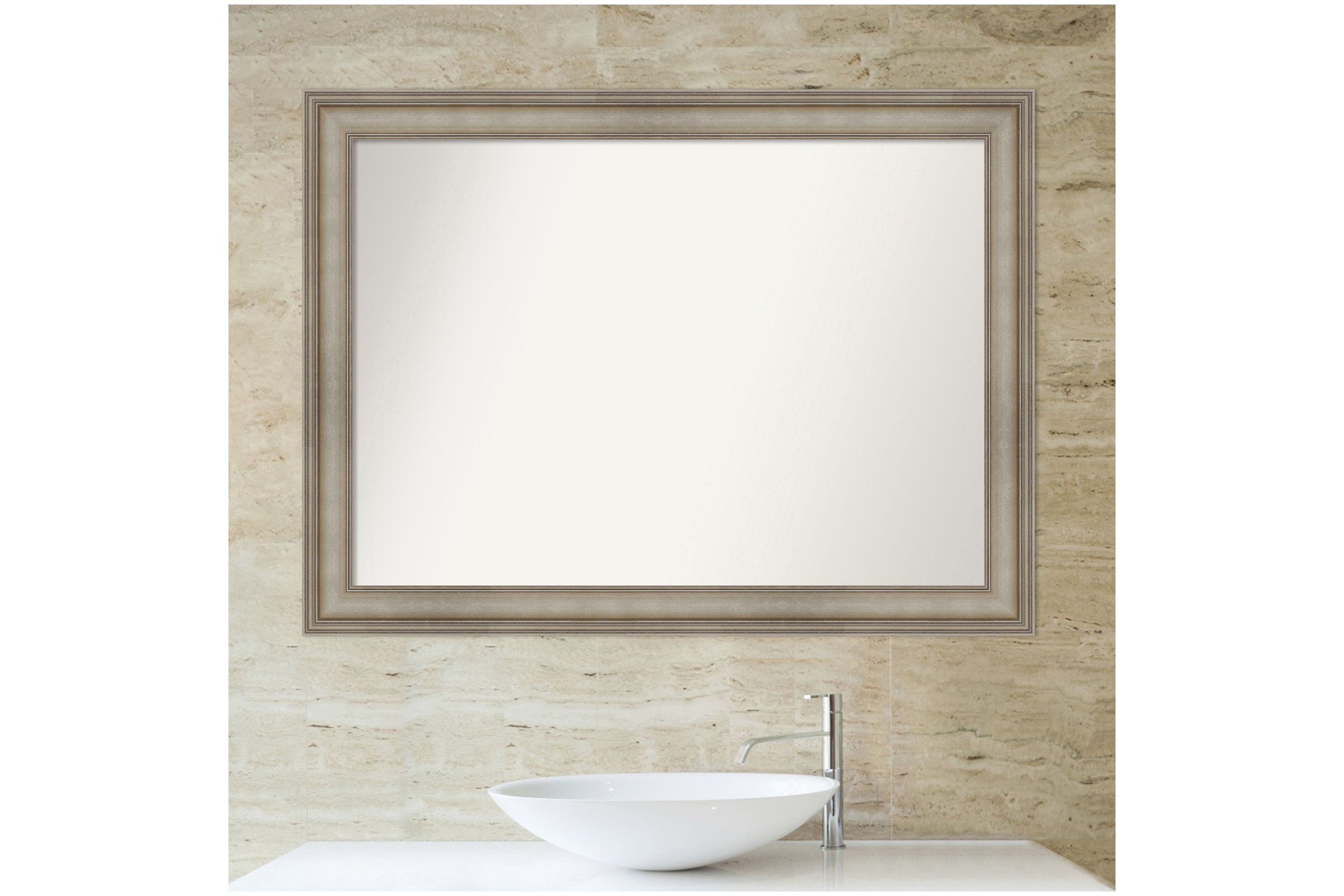 Mezzanine Antique Silver Narrow Non-Beveled Wood Framed Bathroom Wall Mirror