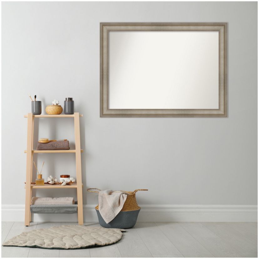 Mezzanine Antique Silver Narrow Non-Beveled Wood Framed Bathroom Wall Mirror