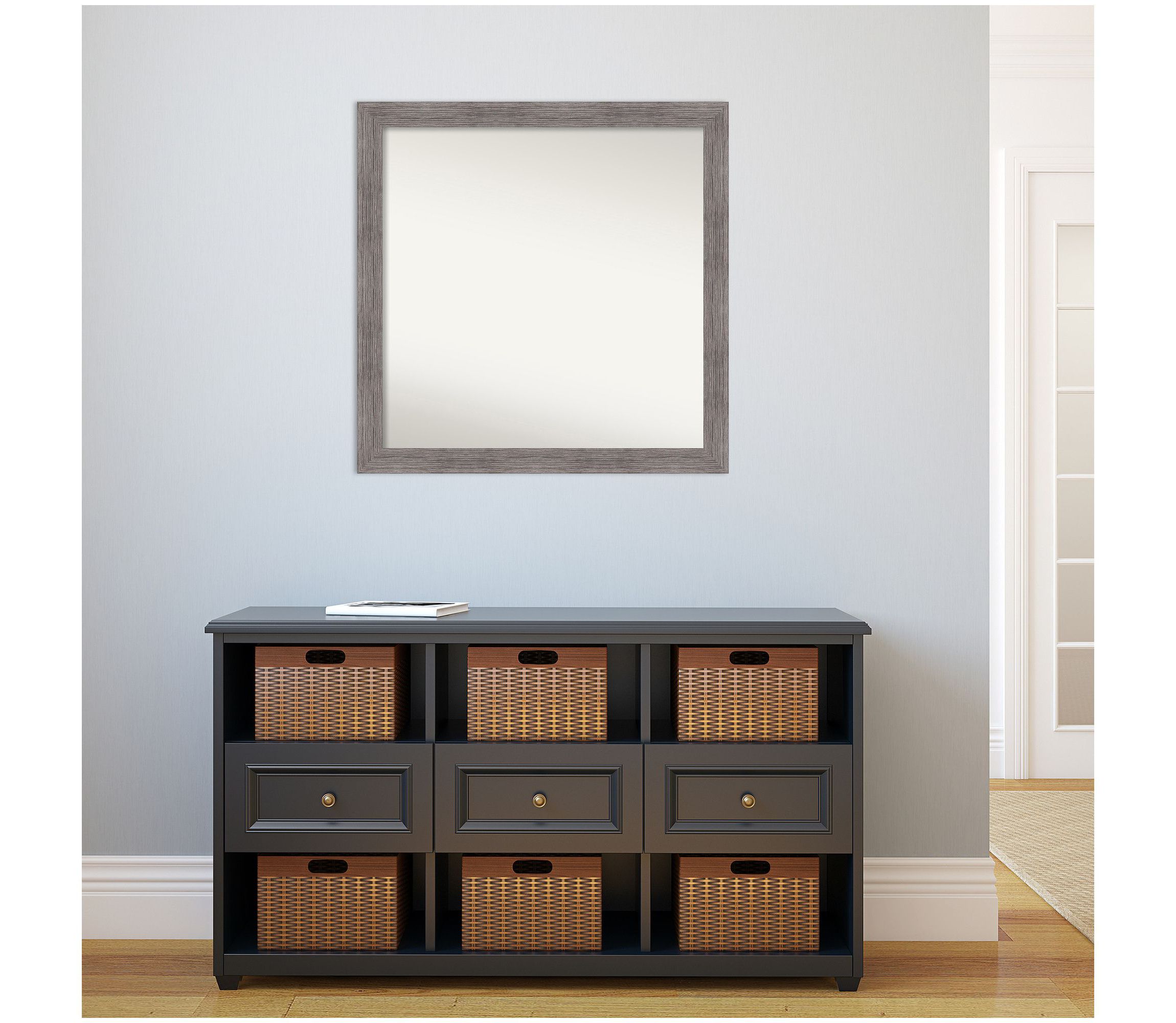 Pinstripe Plank Grey Narrow Non-Beveled Framed Bathroom Wall Mirror