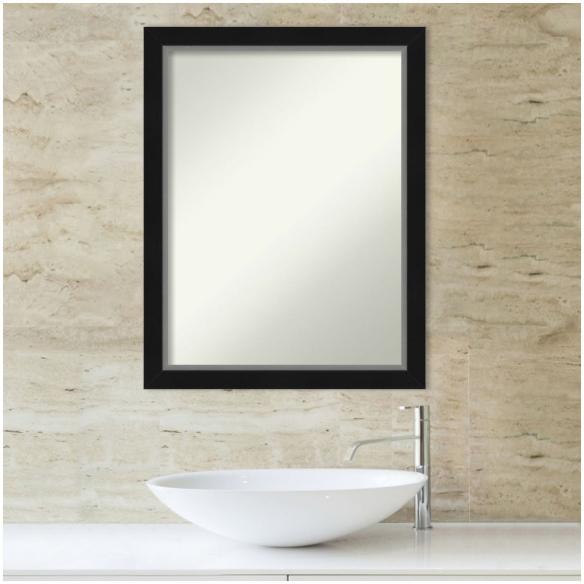 Eva Black Silver Narrow Non-Beveled Framed Bathroom Wall Mirror