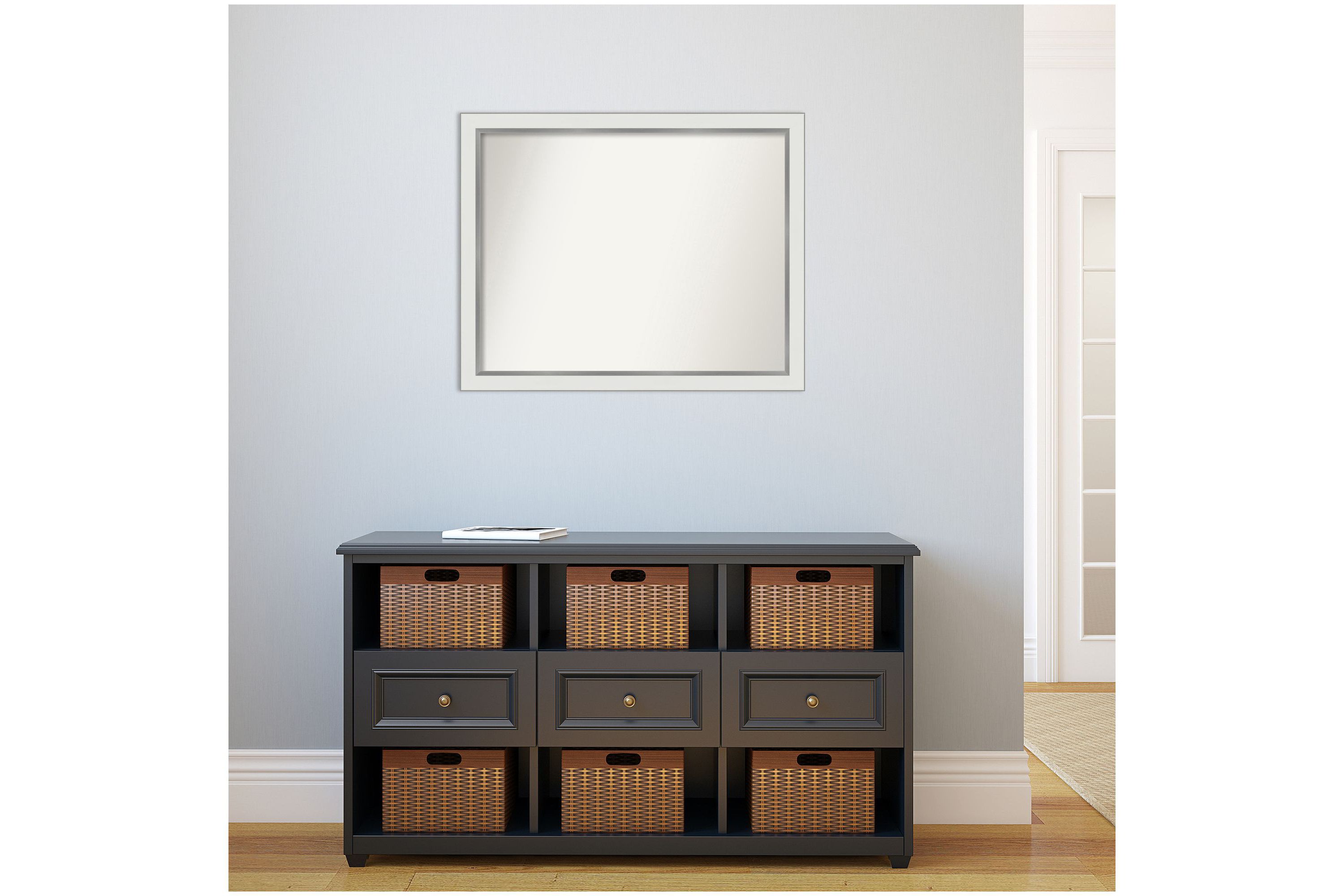 Eva White Silver Narrow Non-Beveled Framed Bathroom Wall Mirror
