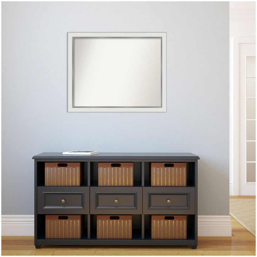 Eva White Silver Narrow Non-Beveled Framed Bathroom Wall Mirror