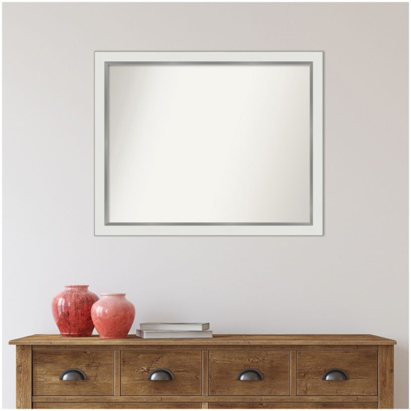 Eva White Silver Narrow Non-Beveled Framed Bathroom Wall Mirror