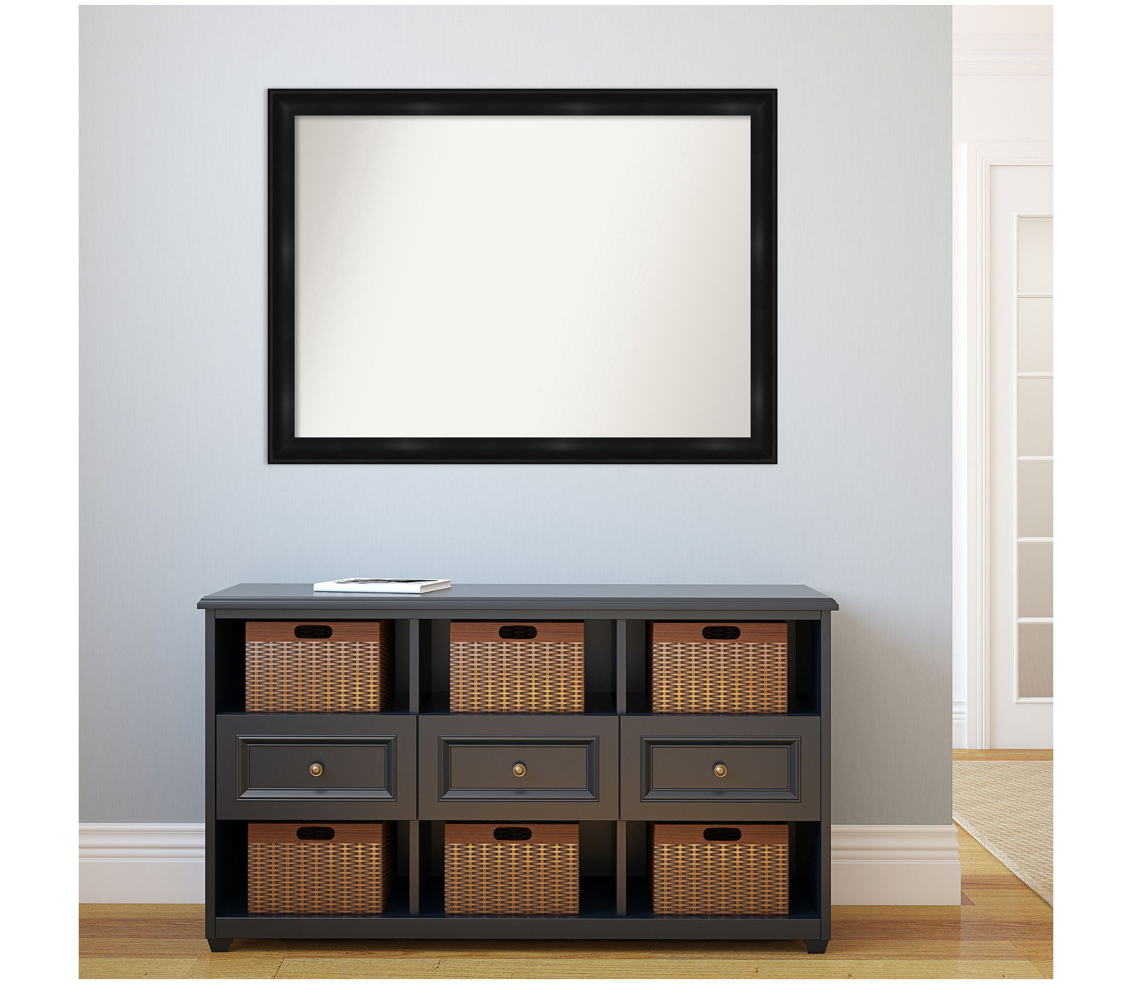 Grand Black Narrow Non-Beveled Framed Bathroom Wall Mirror