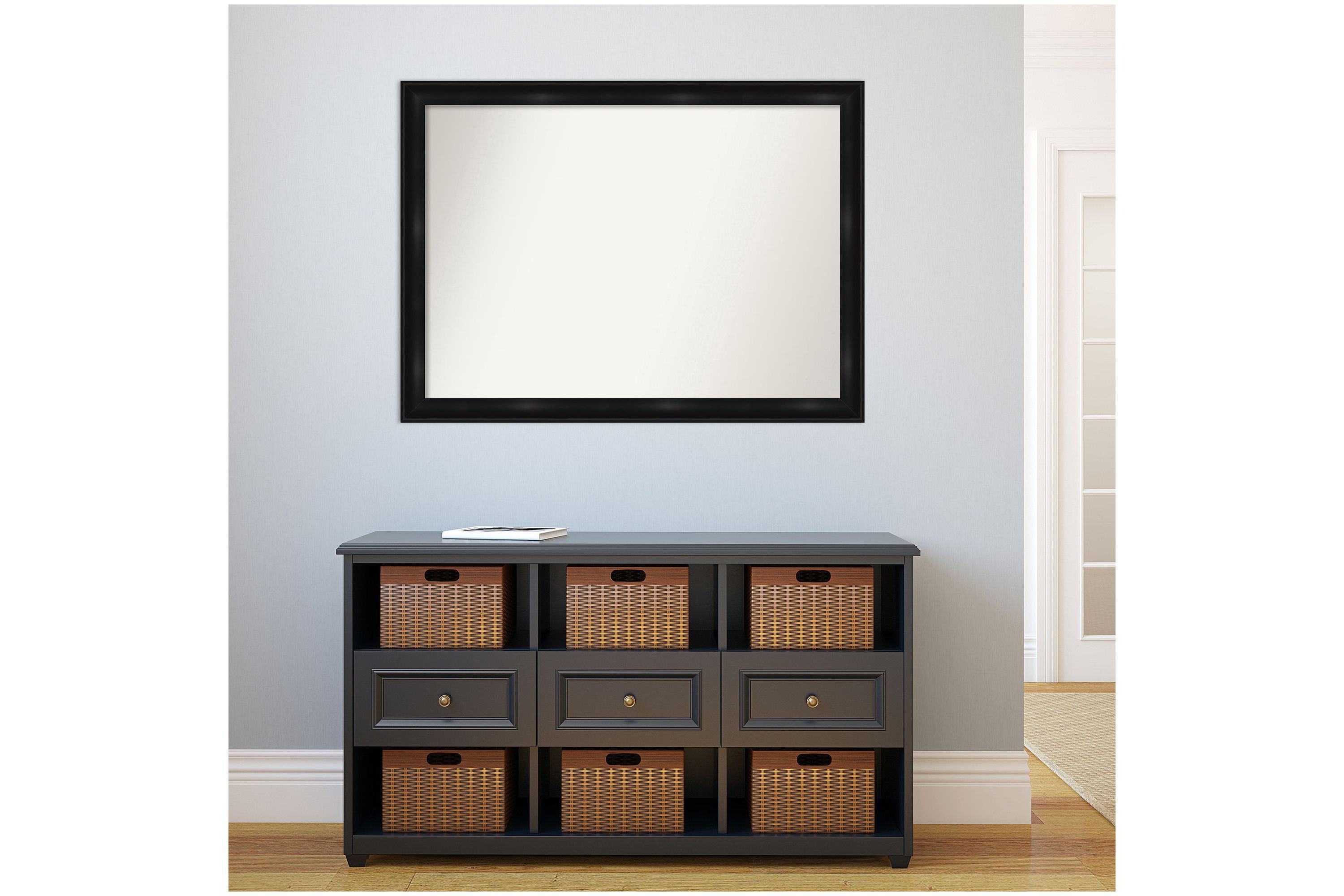 Grand Black Narrow Non-Beveled Framed Bathroom Wall Mirror
