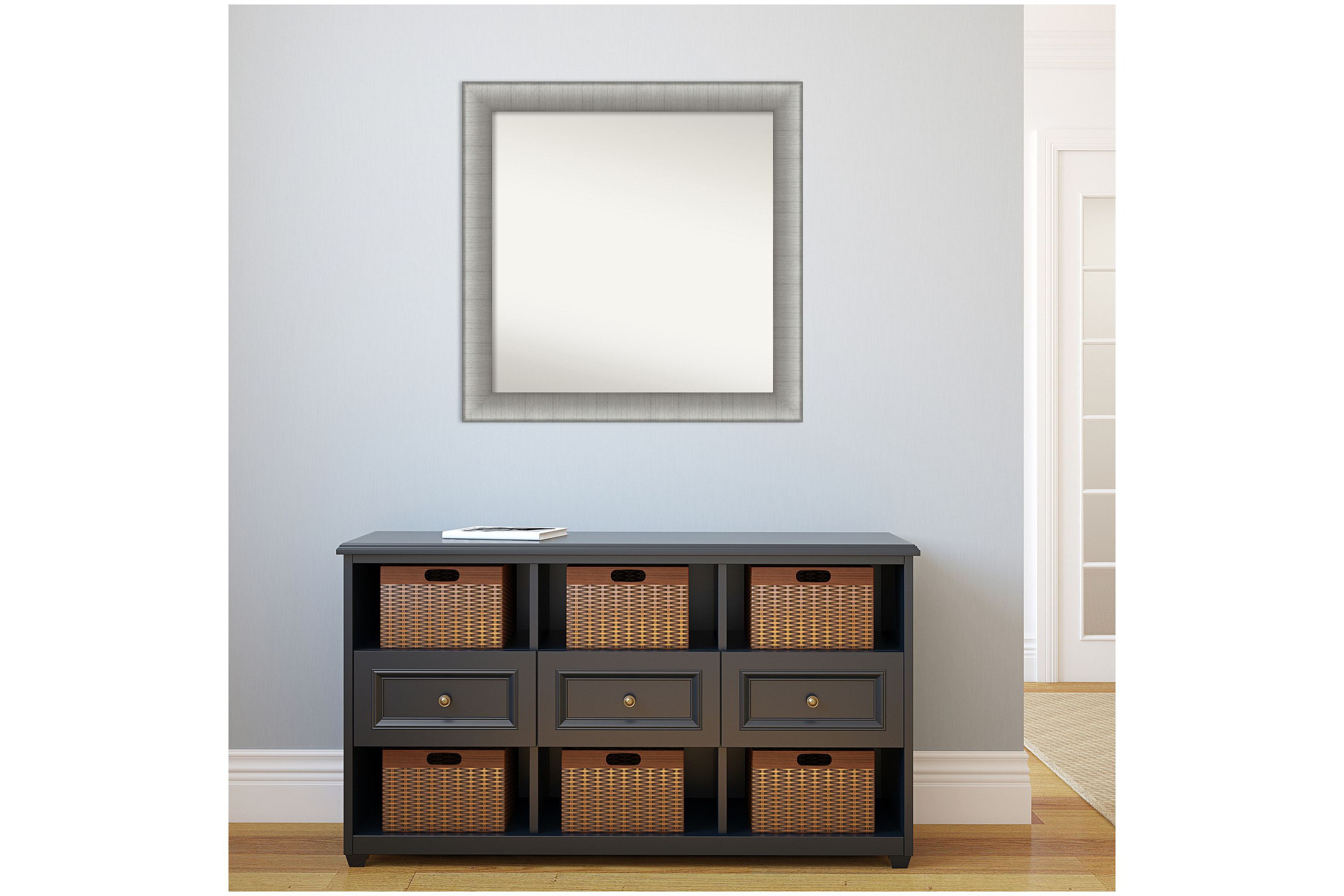 Elegant Brushed Pewter Non-Beveled Framed Bathroom Wall Mirror