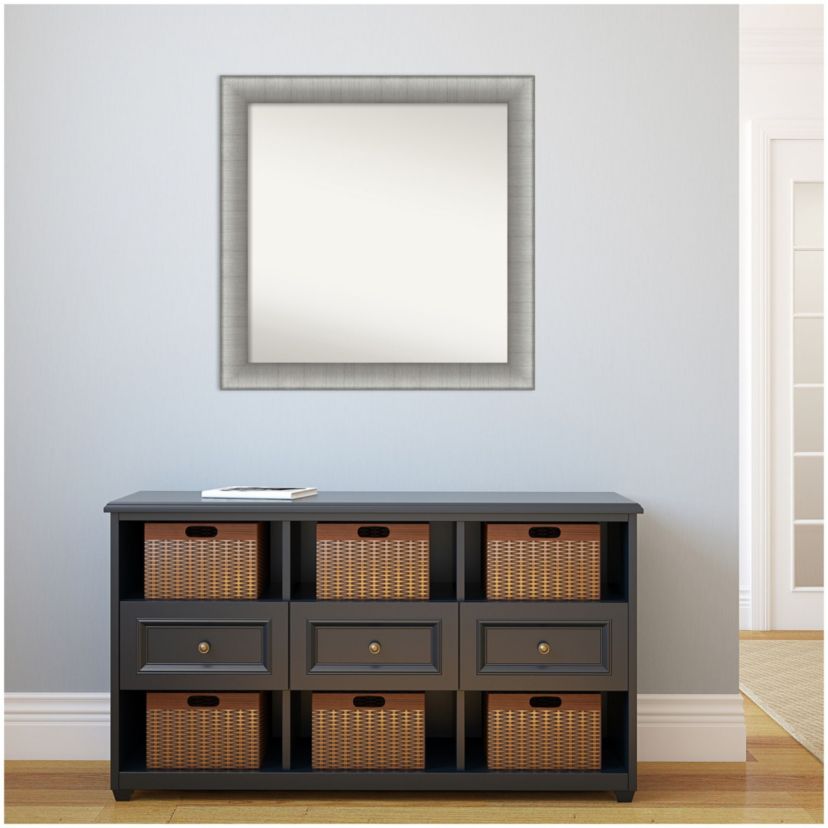 Elegant Brushed Pewter Non-Beveled Framed Bathroom Wall Mirror
