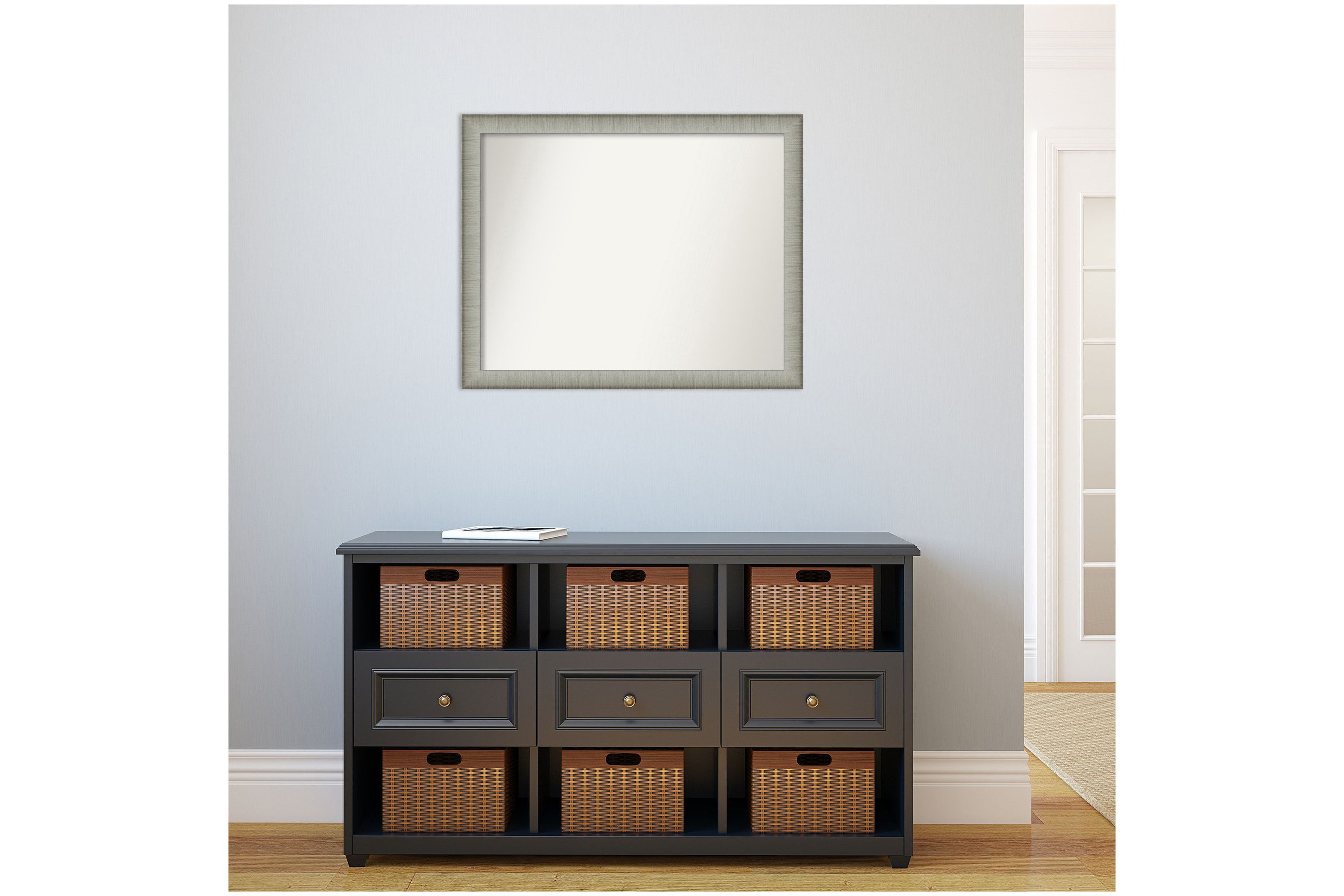 Elegant Brushed Pewter Narrow Non-Beveled Framed Bathroom Wall Mirror