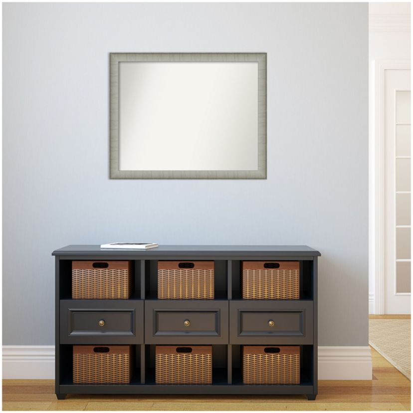 Elegant Brushed Pewter Narrow Non-Beveled Framed Bathroom Wall Mirror