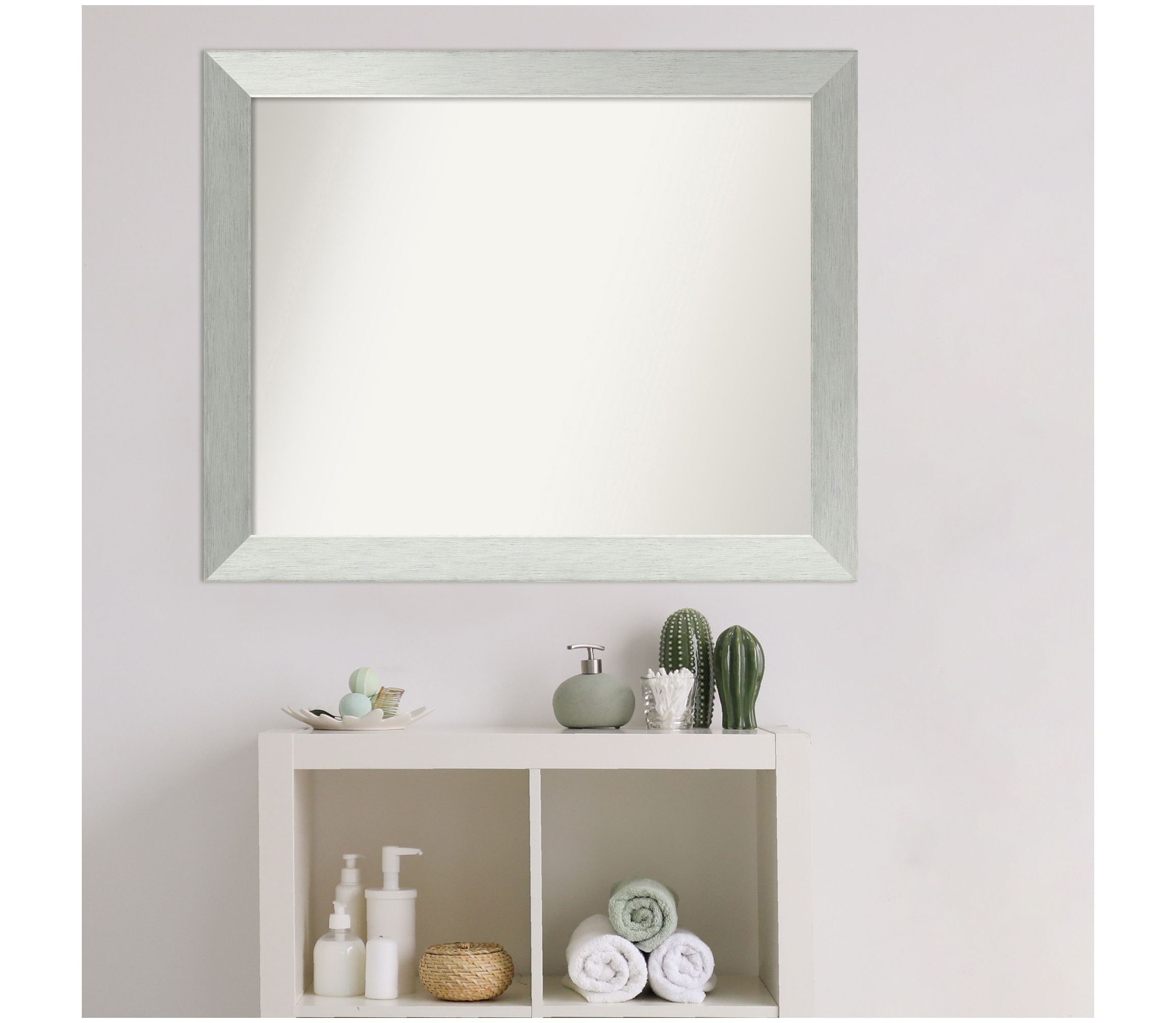 Brushed Sterling Silver Non-Beveled Wood Framed Bathroom Wall Mirror
