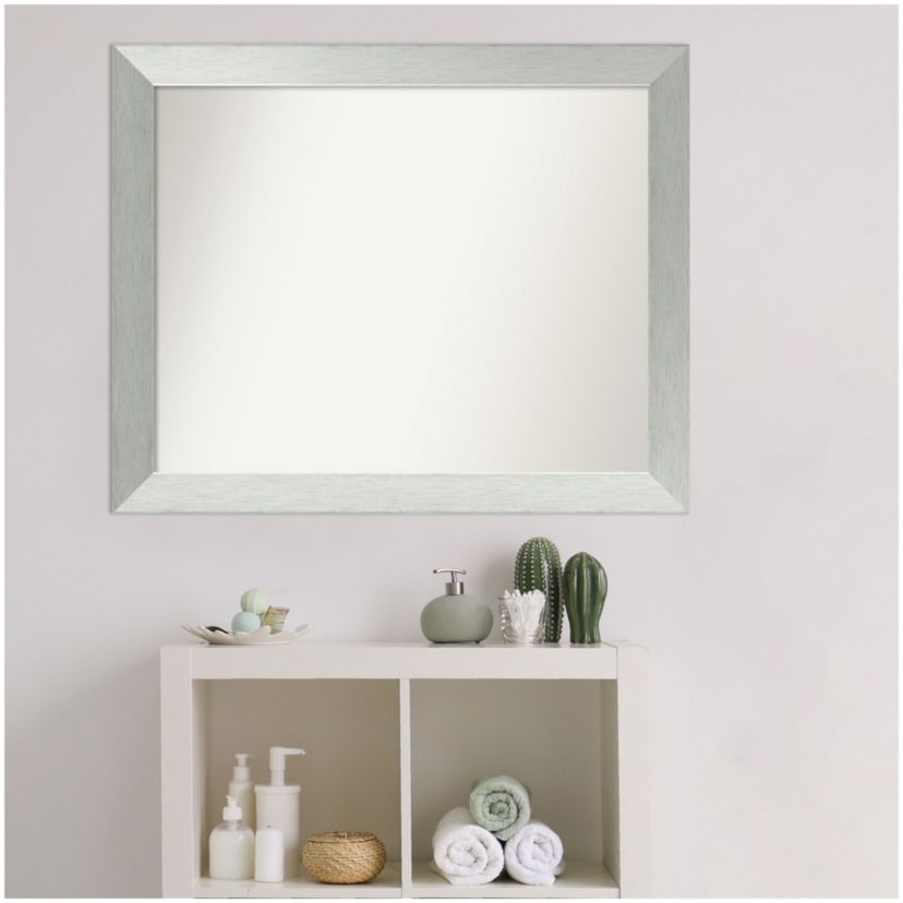 Brushed Sterling Silver Non-Beveled Wood Framed Bathroom Wall Mirror