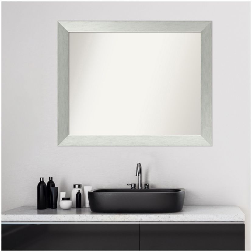 Brushed Sterling Silver Non-Beveled Wood Framed Bathroom Wall Mirror