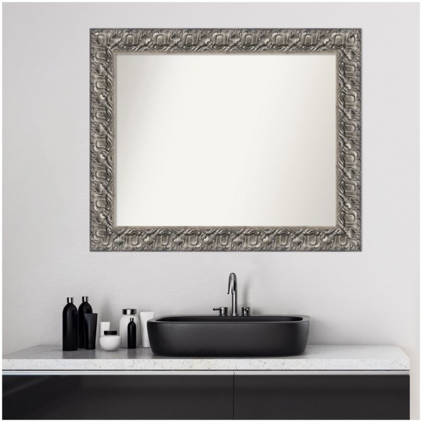 Silver Luxor Non-Beveled Wood Framed Bathroom Wall Mirror
