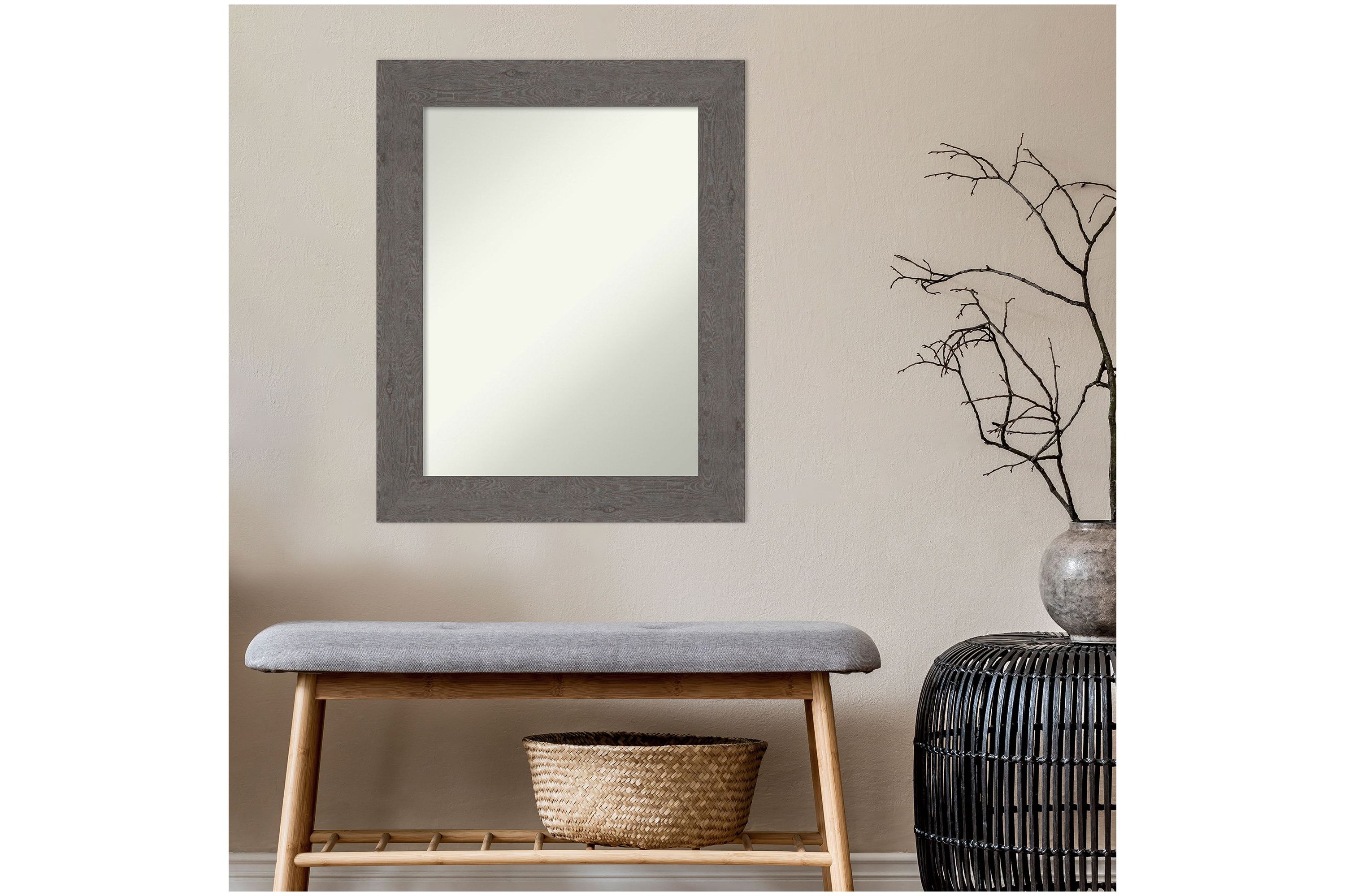 Rustic Plank Grey Non-Beveled Framed Bathroom Wall Mirror