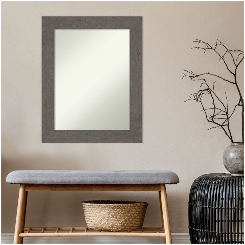 Rustic Plank Grey Non-Beveled Framed Bathroom Wall Mirror