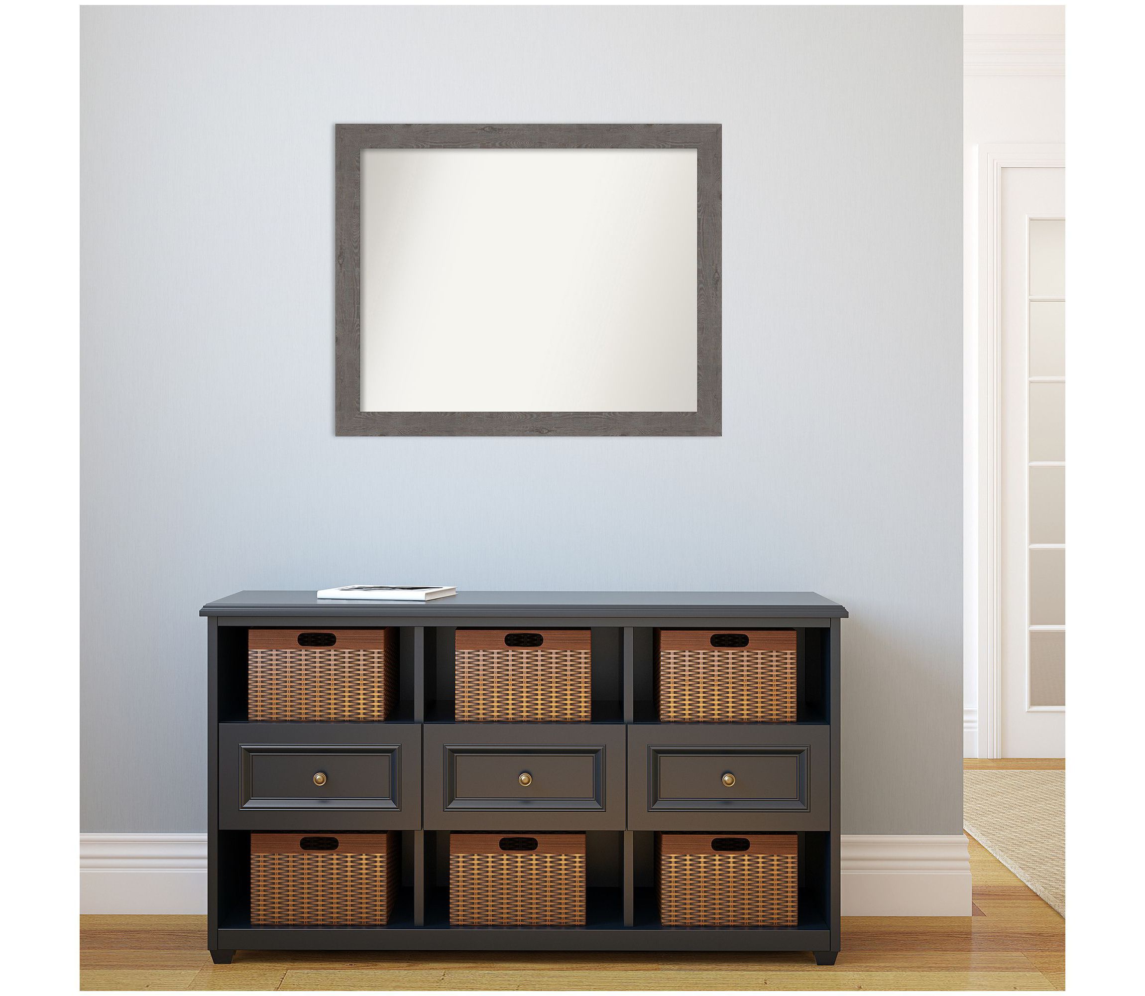 Rustic Plank Grey Narrow Non-Beveled Framed Bathroom Wall Mirror
