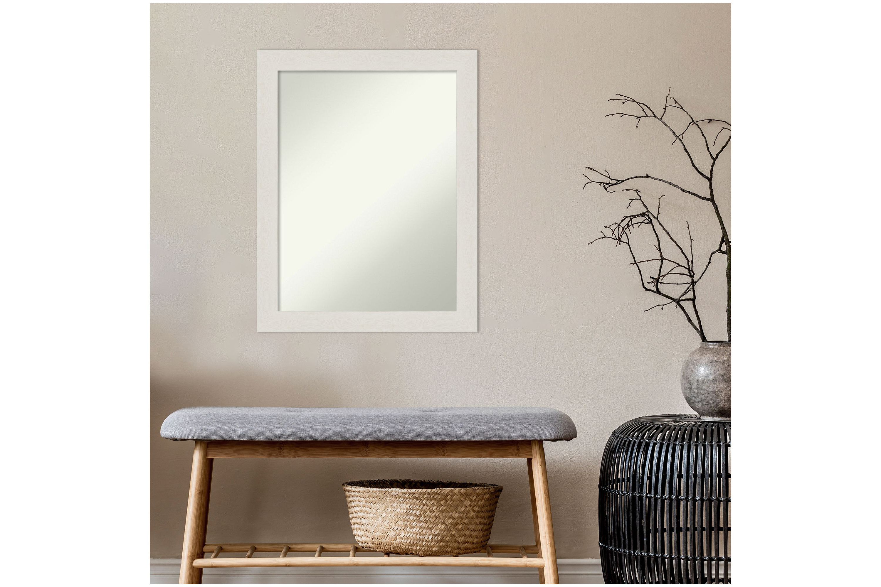 Rustic Plank White Narrow Non-Beveled Framed Bathroom Wall Mirror