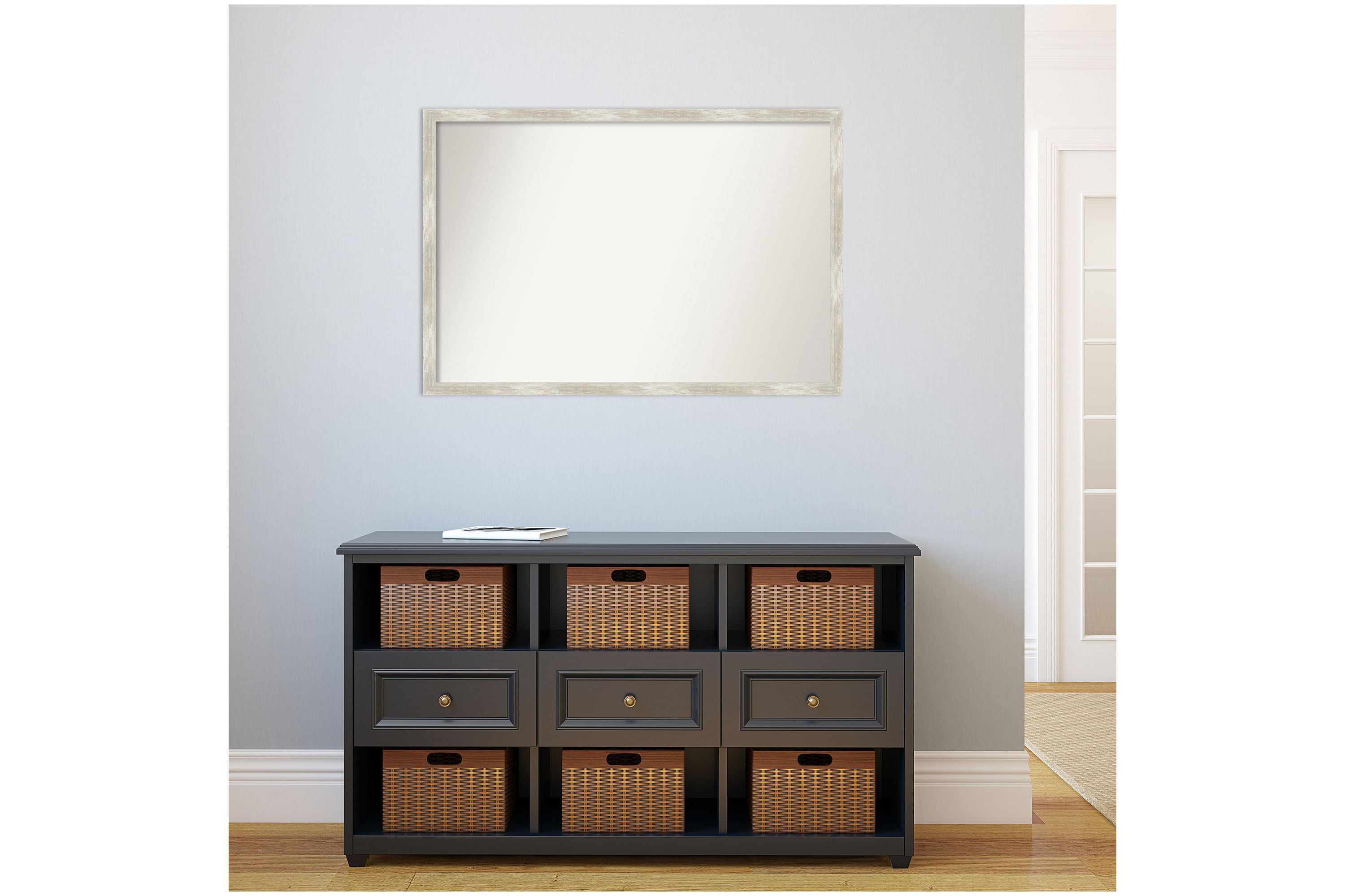 Crackled Metallic Narrow Non-Beveled Framed Bathroom Wall Mirror