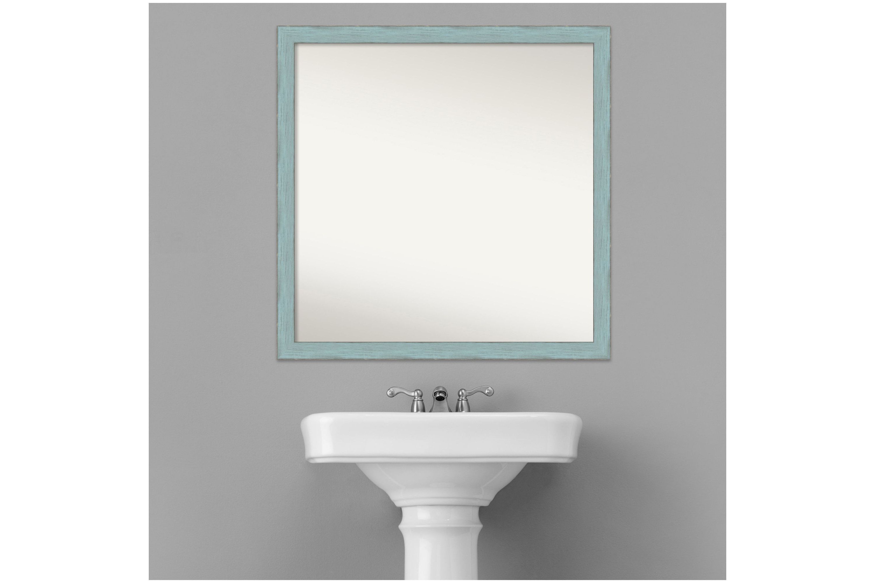 Sky Blue Rustic Non-Beveled Wood Framed Bathroom Wall Mirror