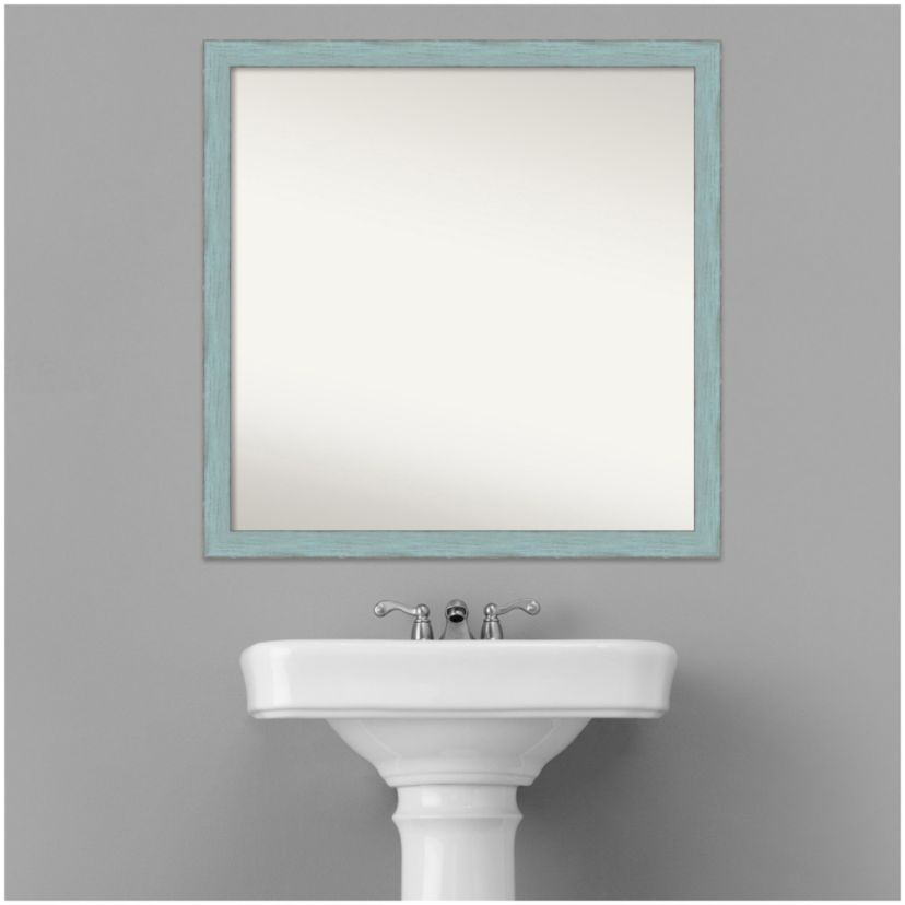 Sky Blue Rustic Non-Beveled Wood Framed Bathroom Wall Mirror