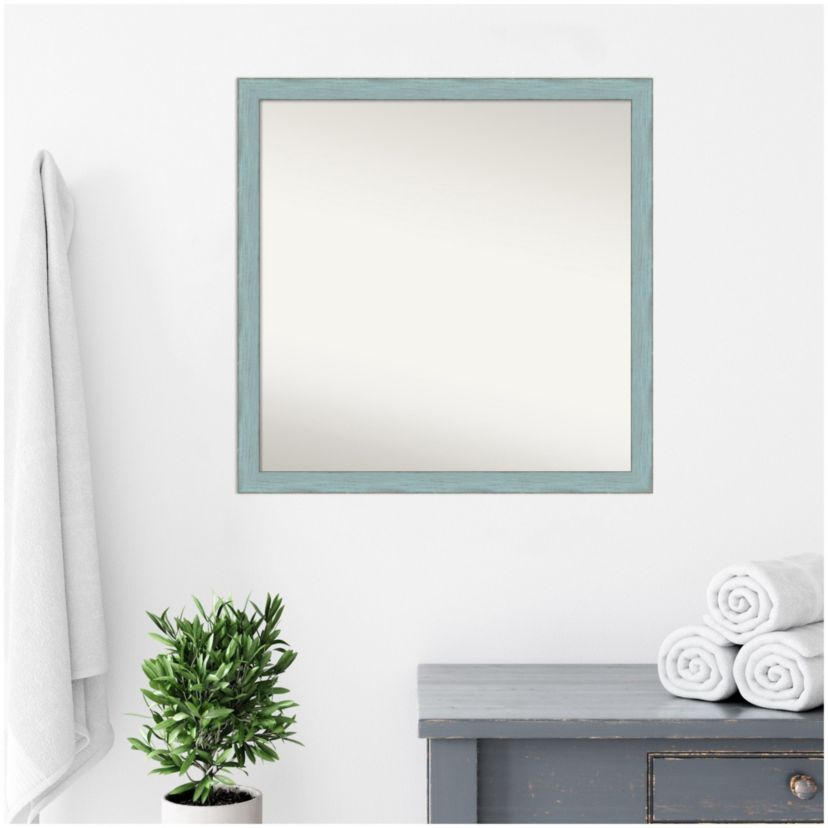 Sky Blue Rustic Non-Beveled Wood Framed Bathroom Wall Mirror