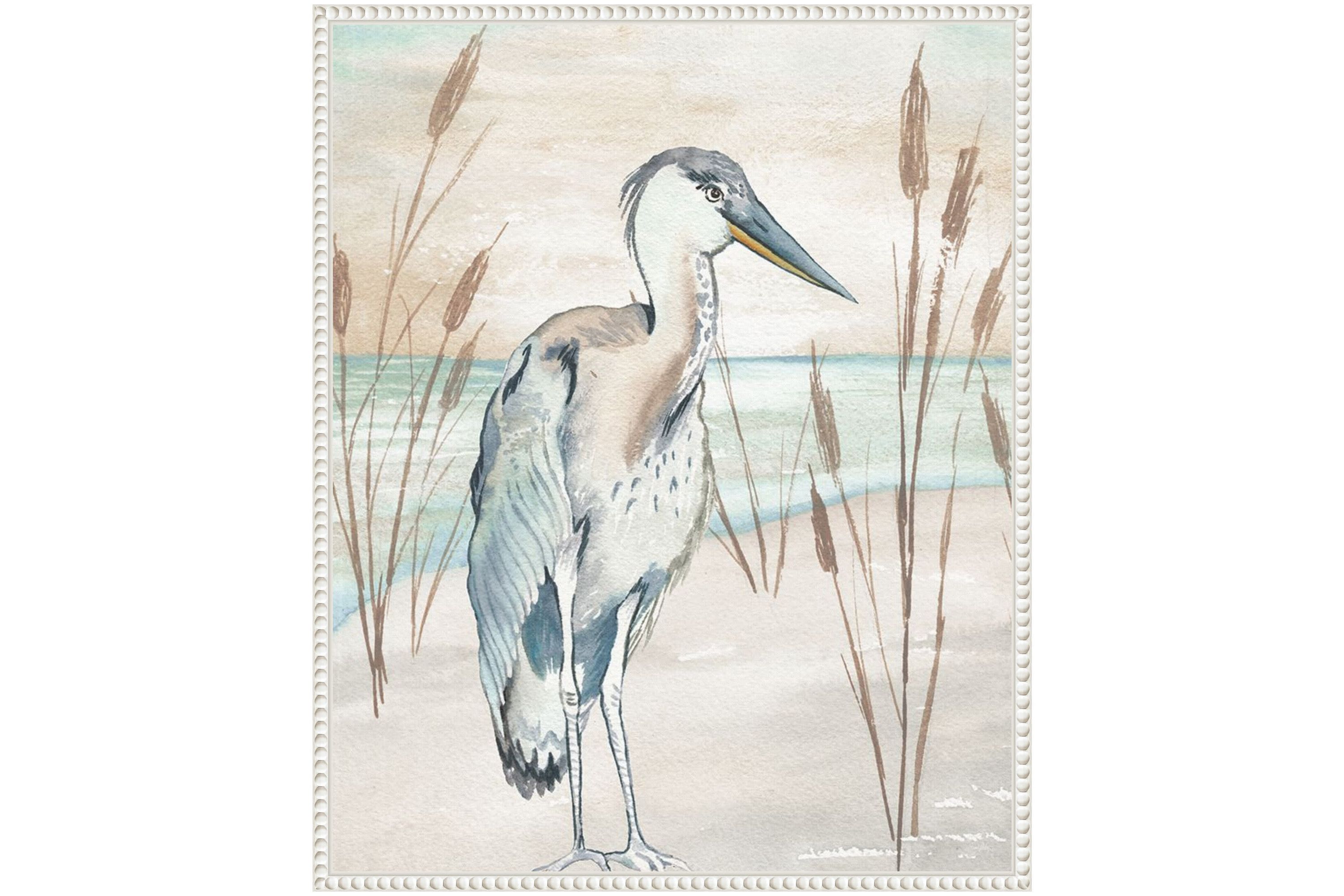 Heron By Beach Grass I Framed Canvas Wall Art Print