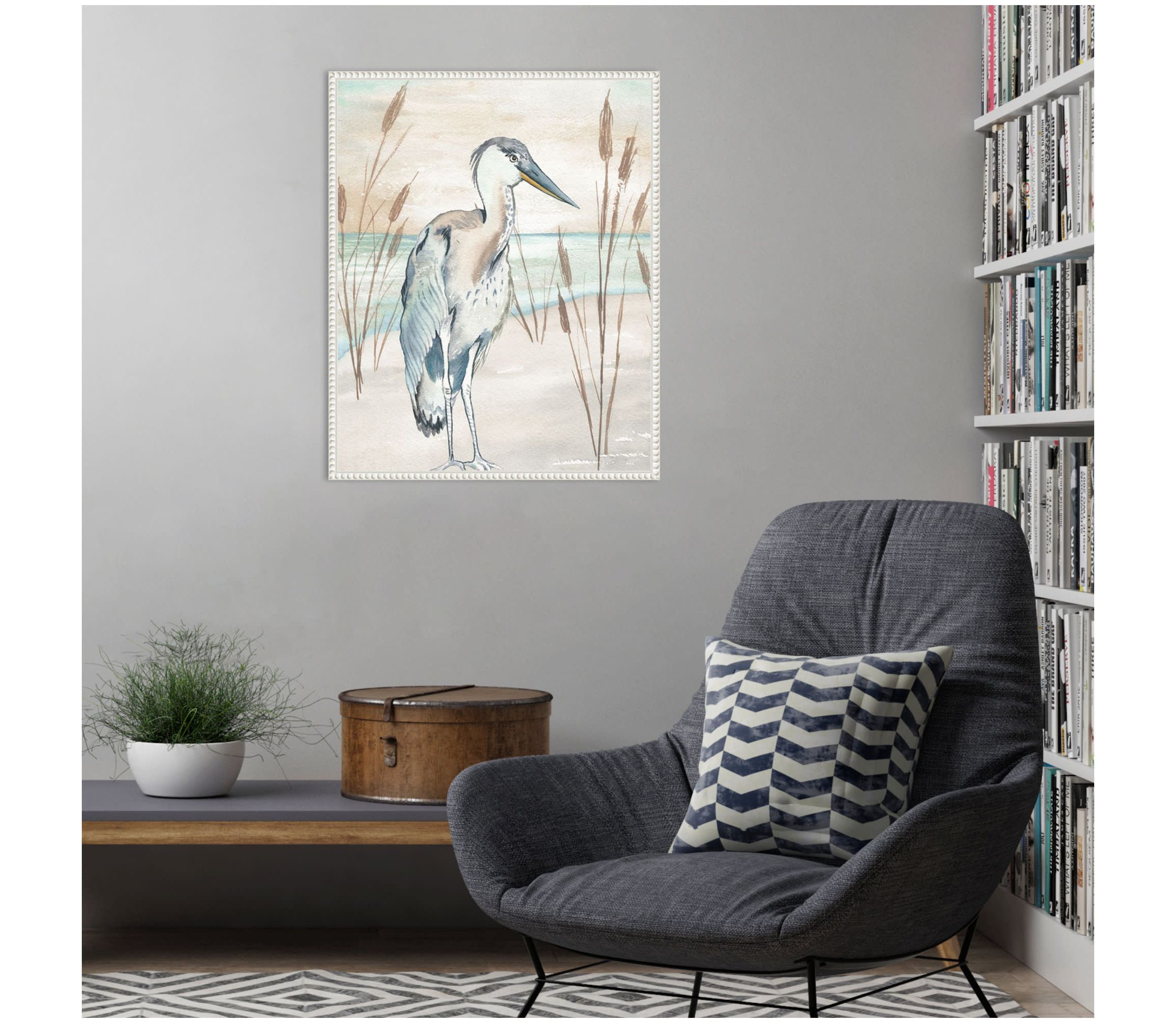 Heron By Beach Grass I Framed Canvas Wall Art Print
