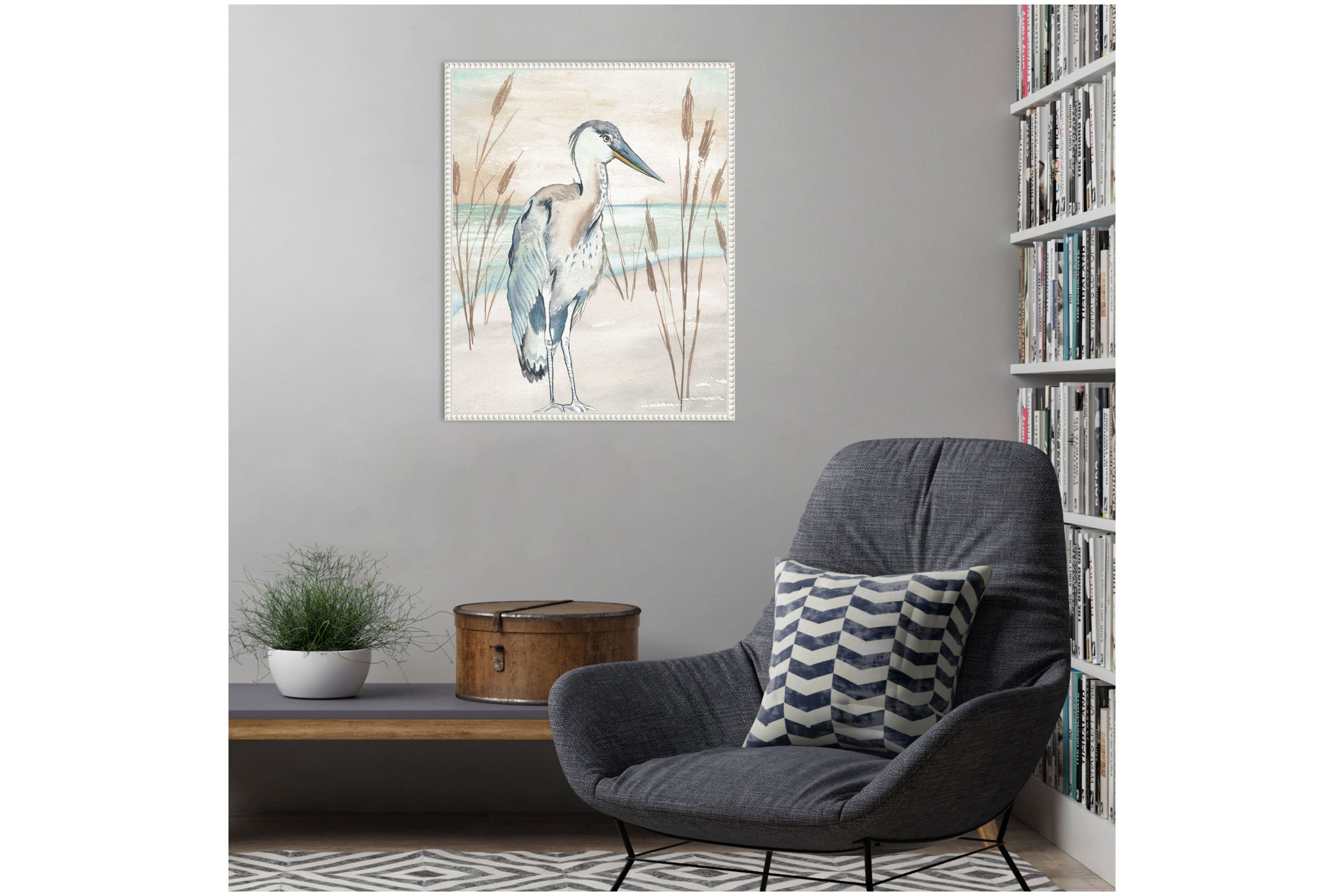 Heron By Beach Grass I Framed Canvas Wall Art Print