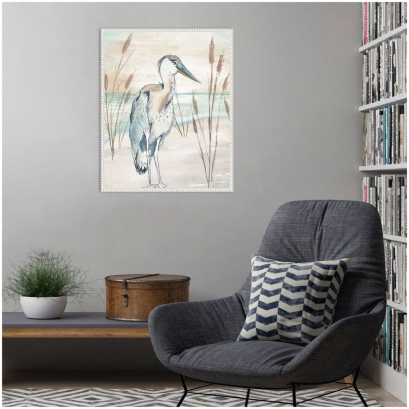 Heron By Beach Grass I Framed Canvas Wall Art Print