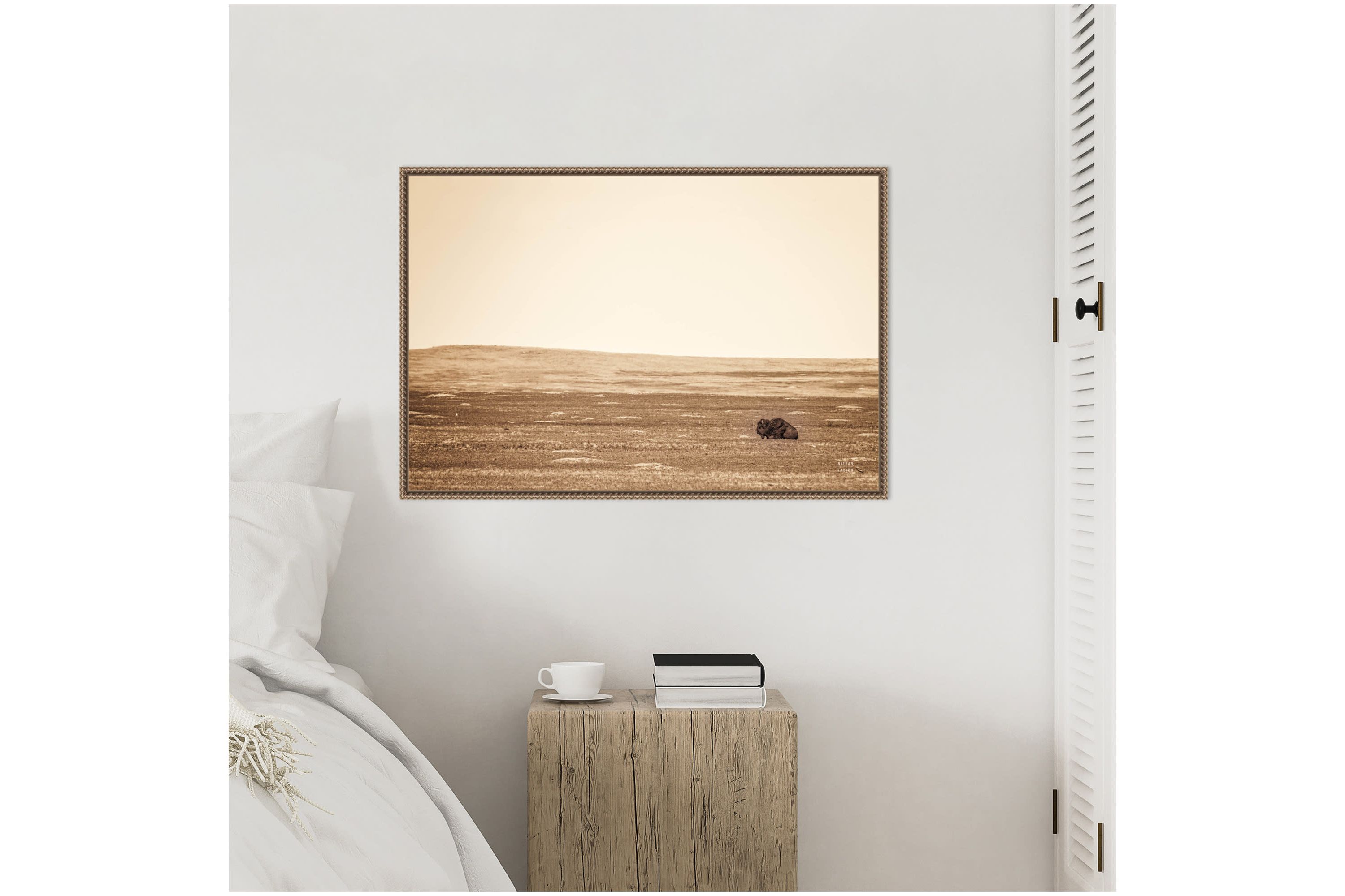 Badlands Bison Sepia Framed Canvas Wall Art Print