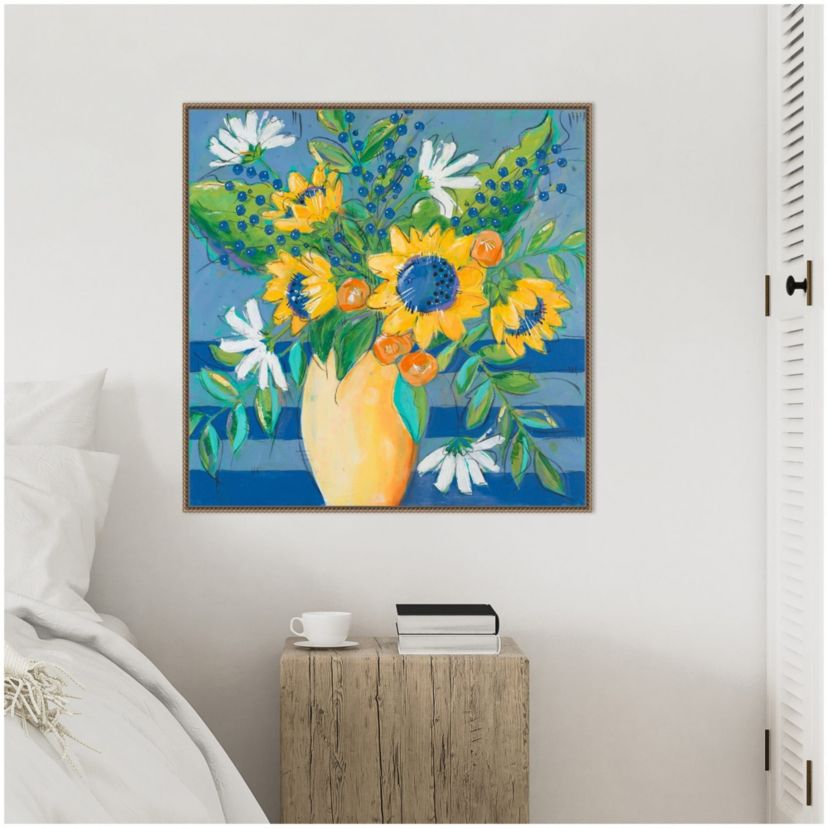 Floral Bursts Among the Blue Framed Canvas Wall Art Print