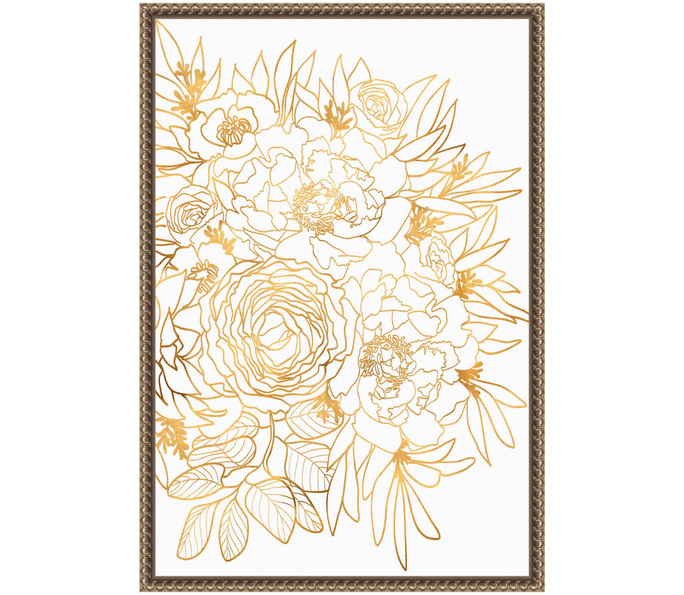 Rose floral art in gold Framed Canvas Wall Art Print