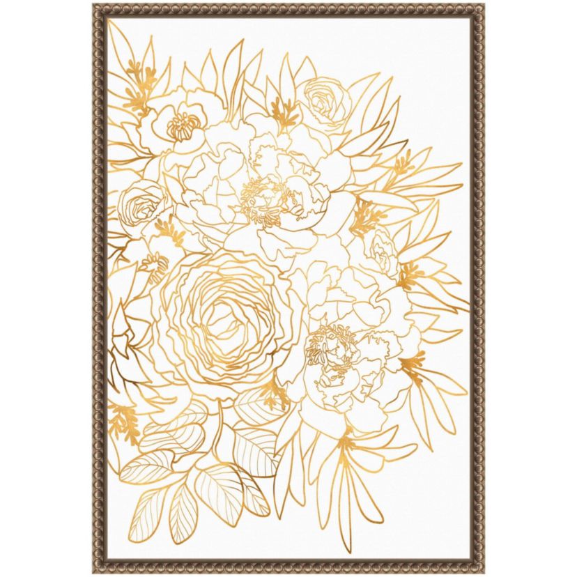 Rose floral art in gold Framed Canvas Wall Art Print
