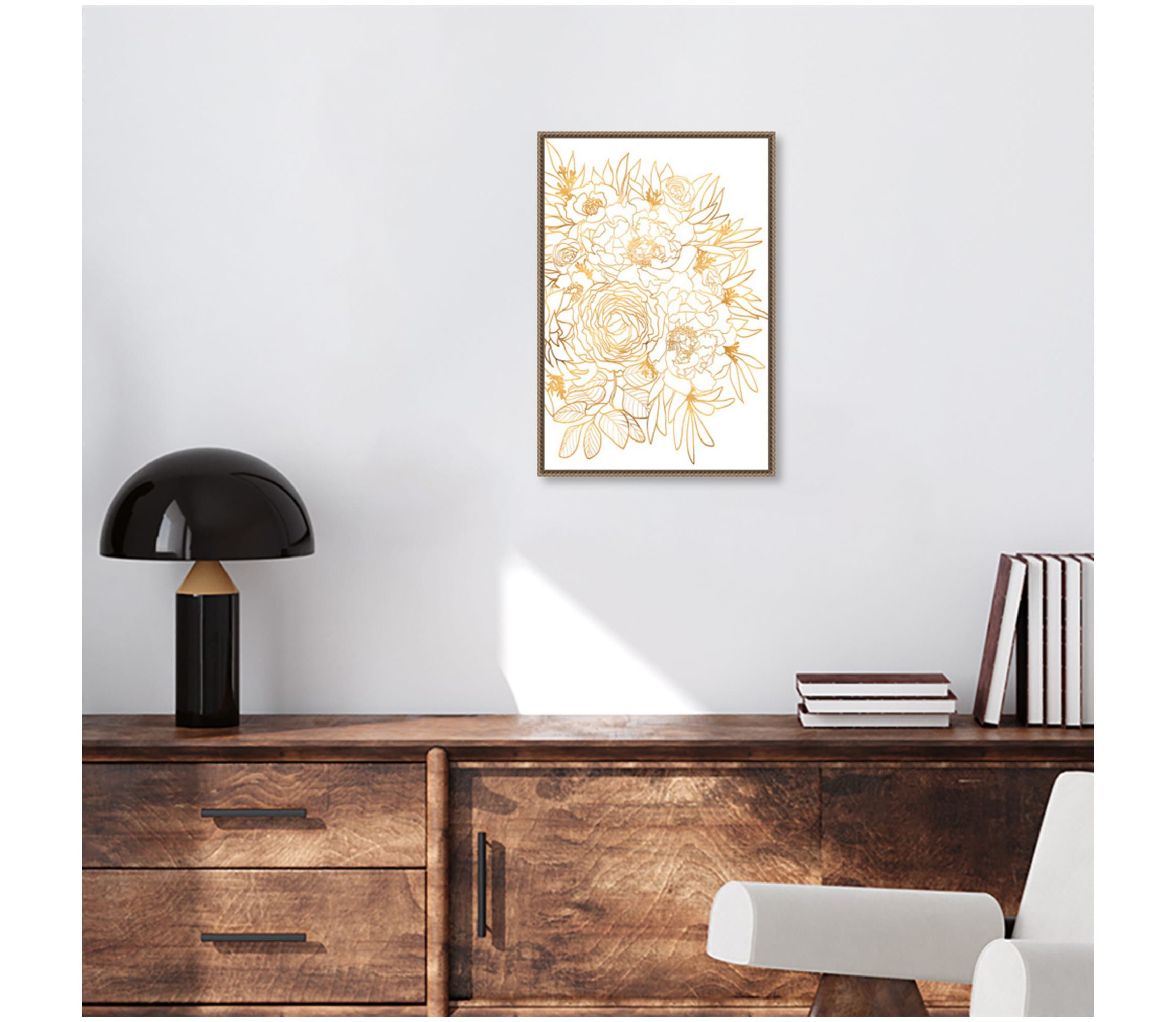Rose floral art in gold Framed Canvas Wall Art Print