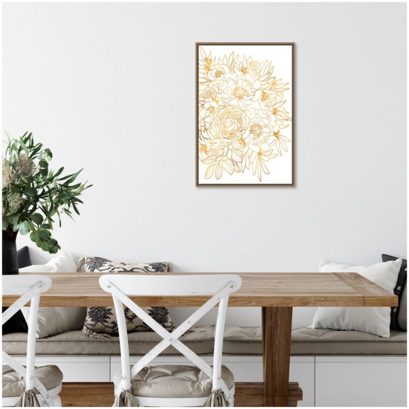Rose floral art in gold Framed Canvas Wall Art Print