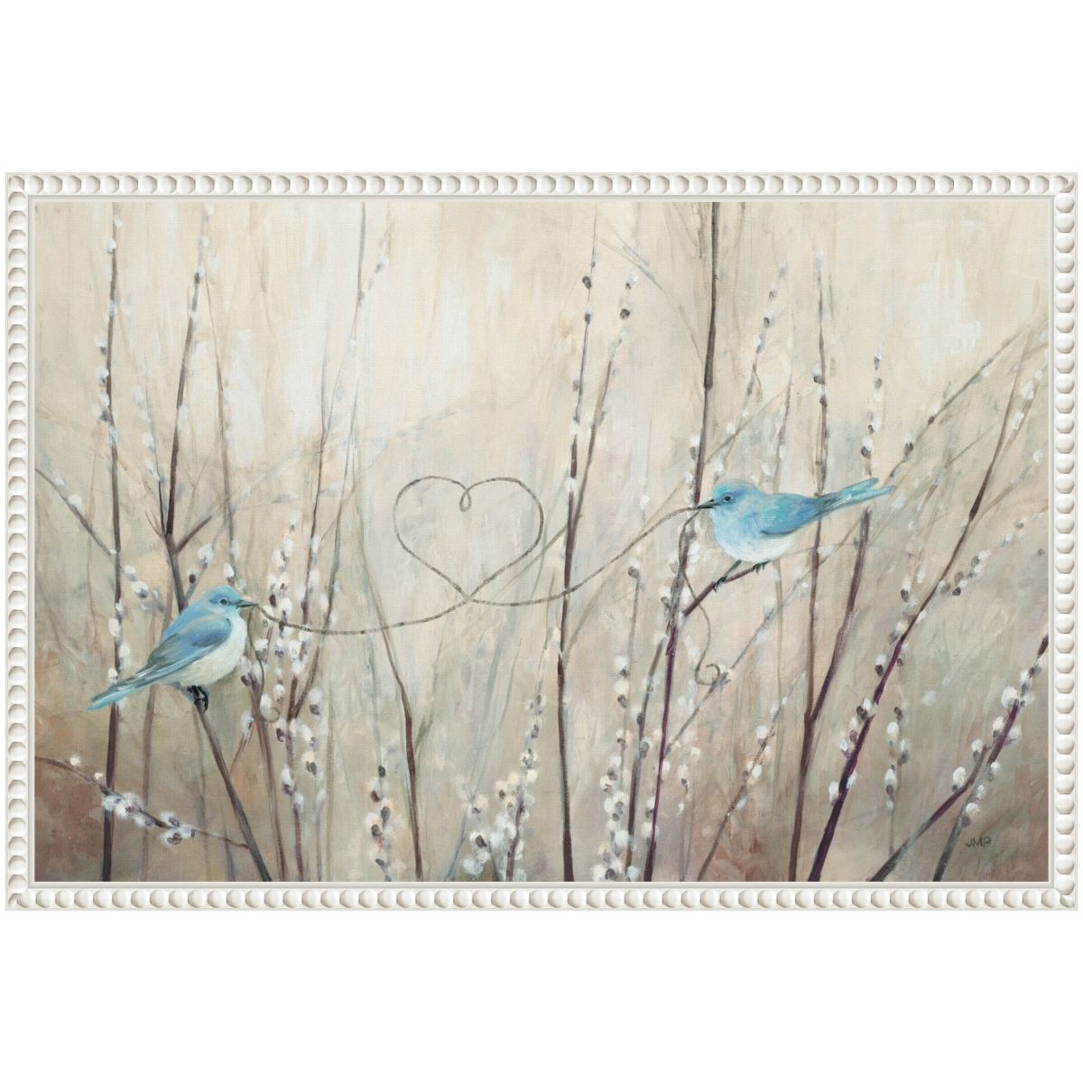 Pretty Birds Neutral String Framed Canvas Wall Art Print