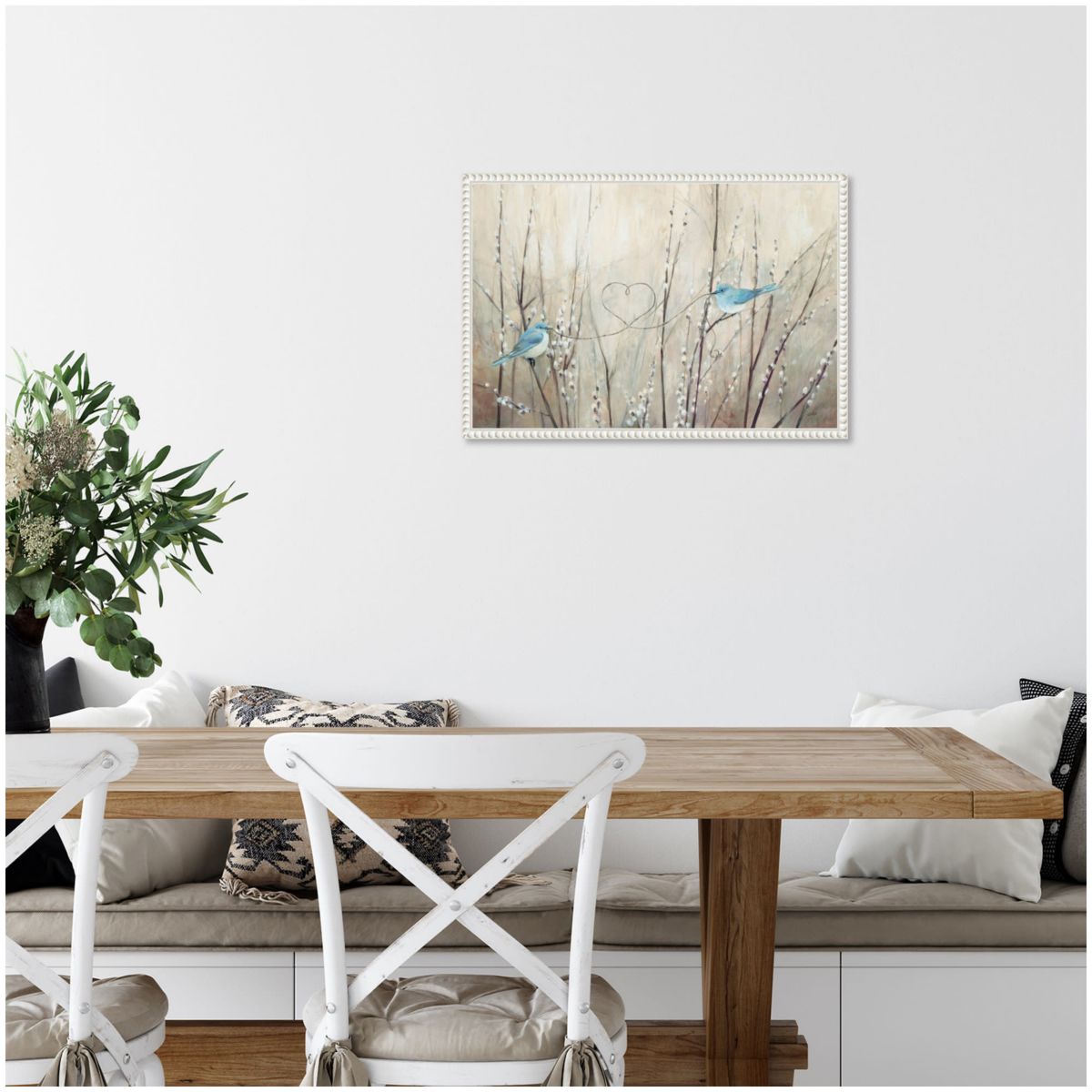 Pretty Birds Neutral String Framed Canvas Wall Art Print