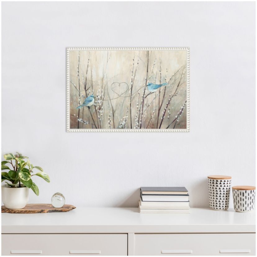 Pretty Birds Neutral String Framed Canvas Wall Art Print