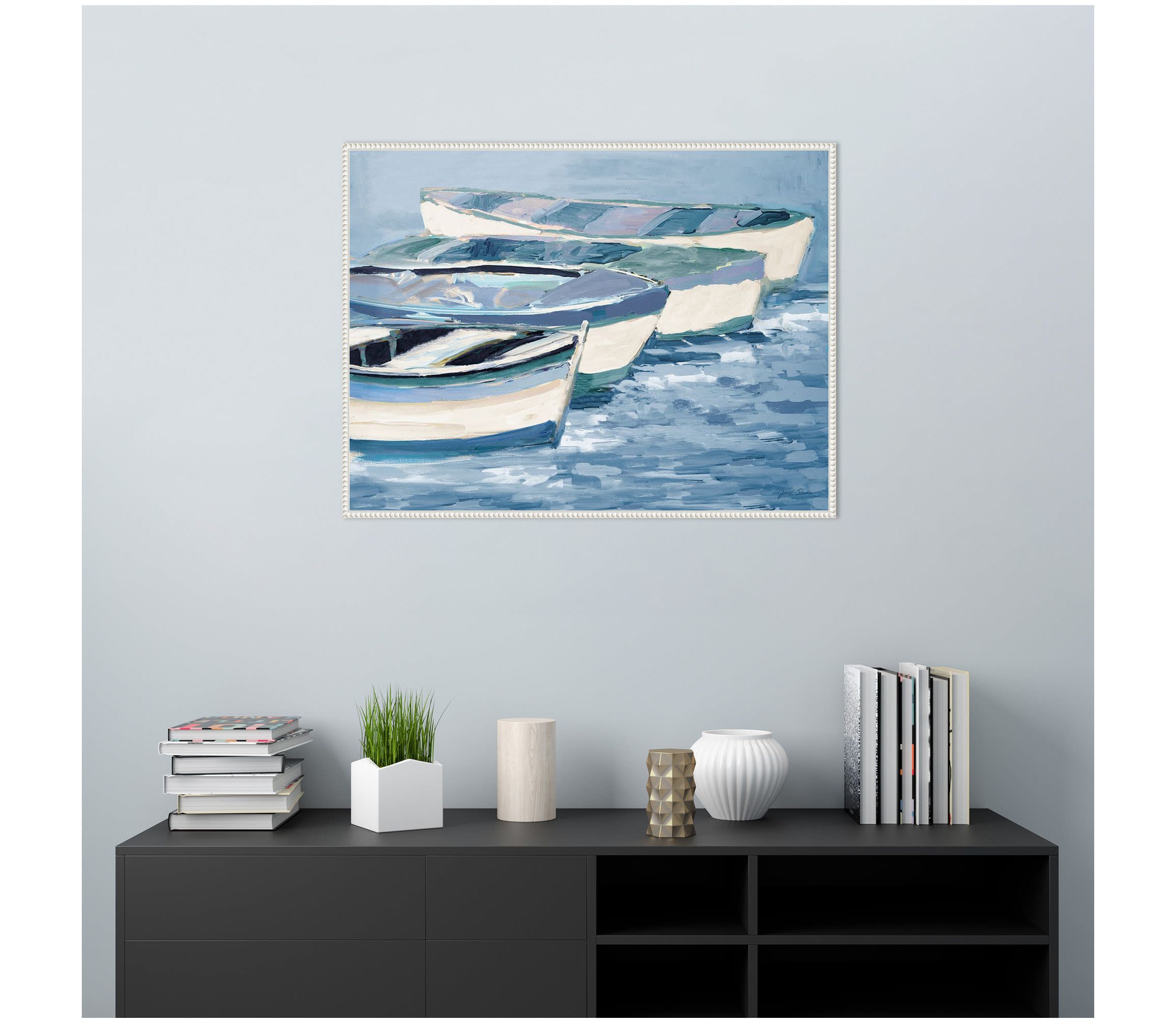 Blue Boat Line Framed Canvas Wall Art Print