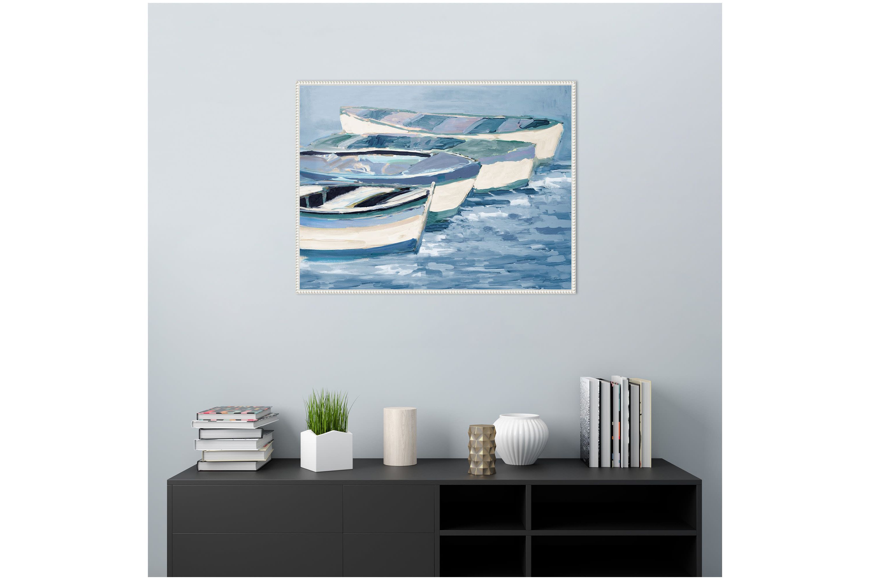 Blue Boat Line Framed Canvas Wall Art Print