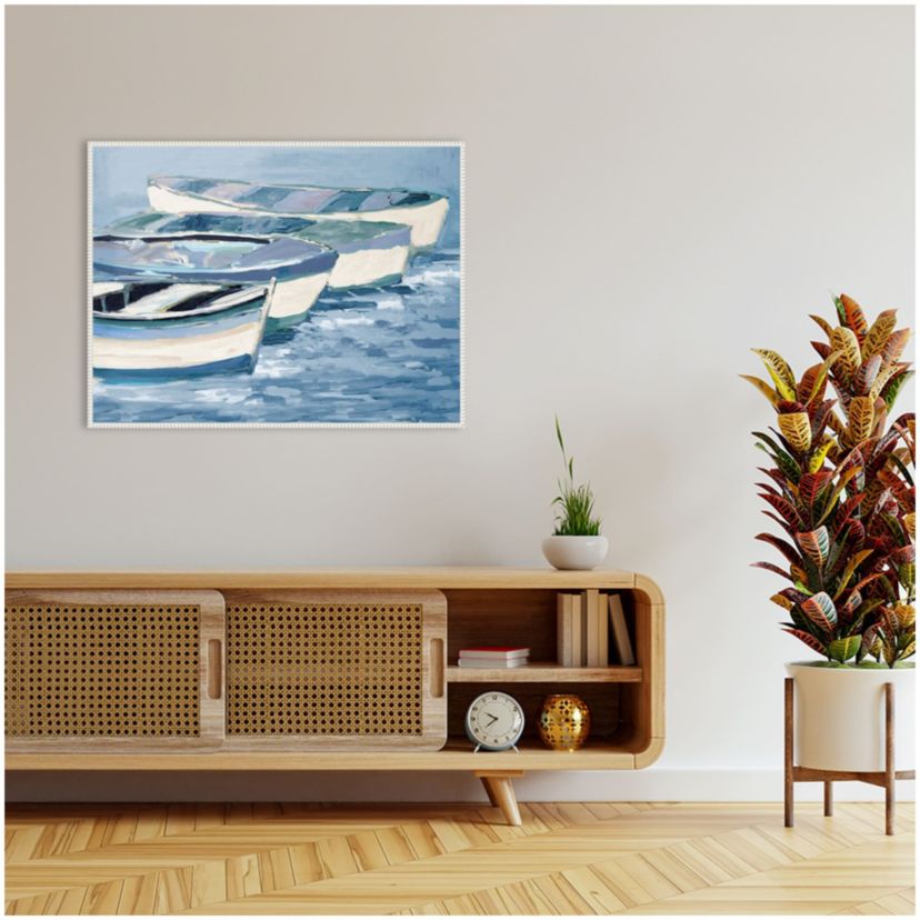 Blue Boat Line Framed Canvas Wall Art Print