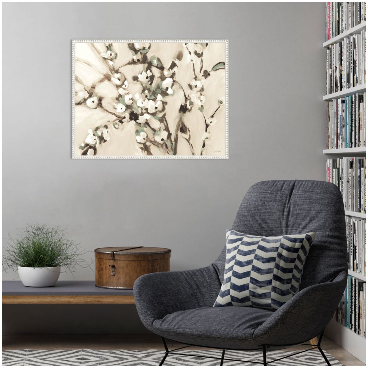 Wild Floral Branches Neutral Framed Canvas Wall Art Print