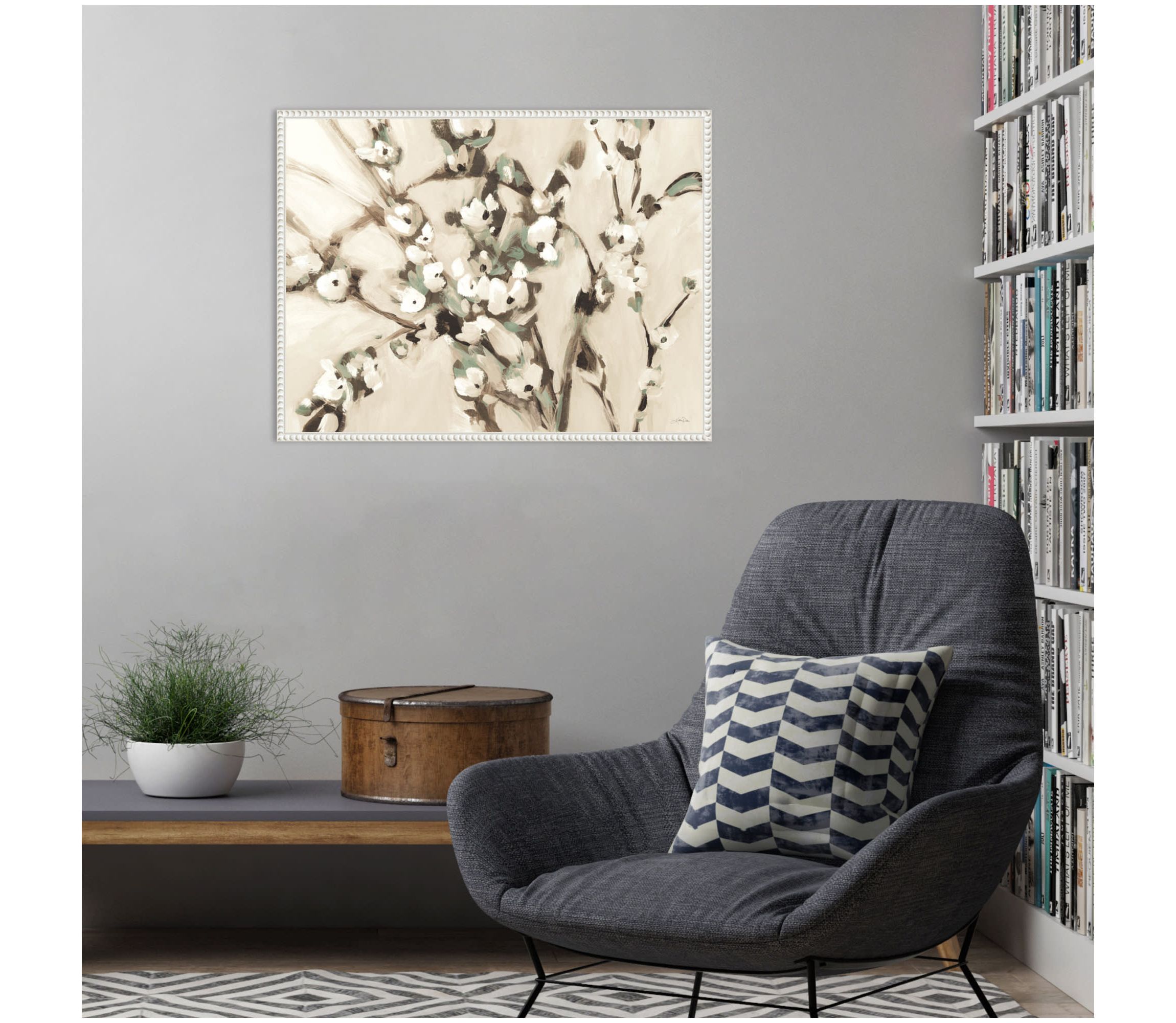 Wild Floral Branches Neutral Framed Canvas Wall Art Print